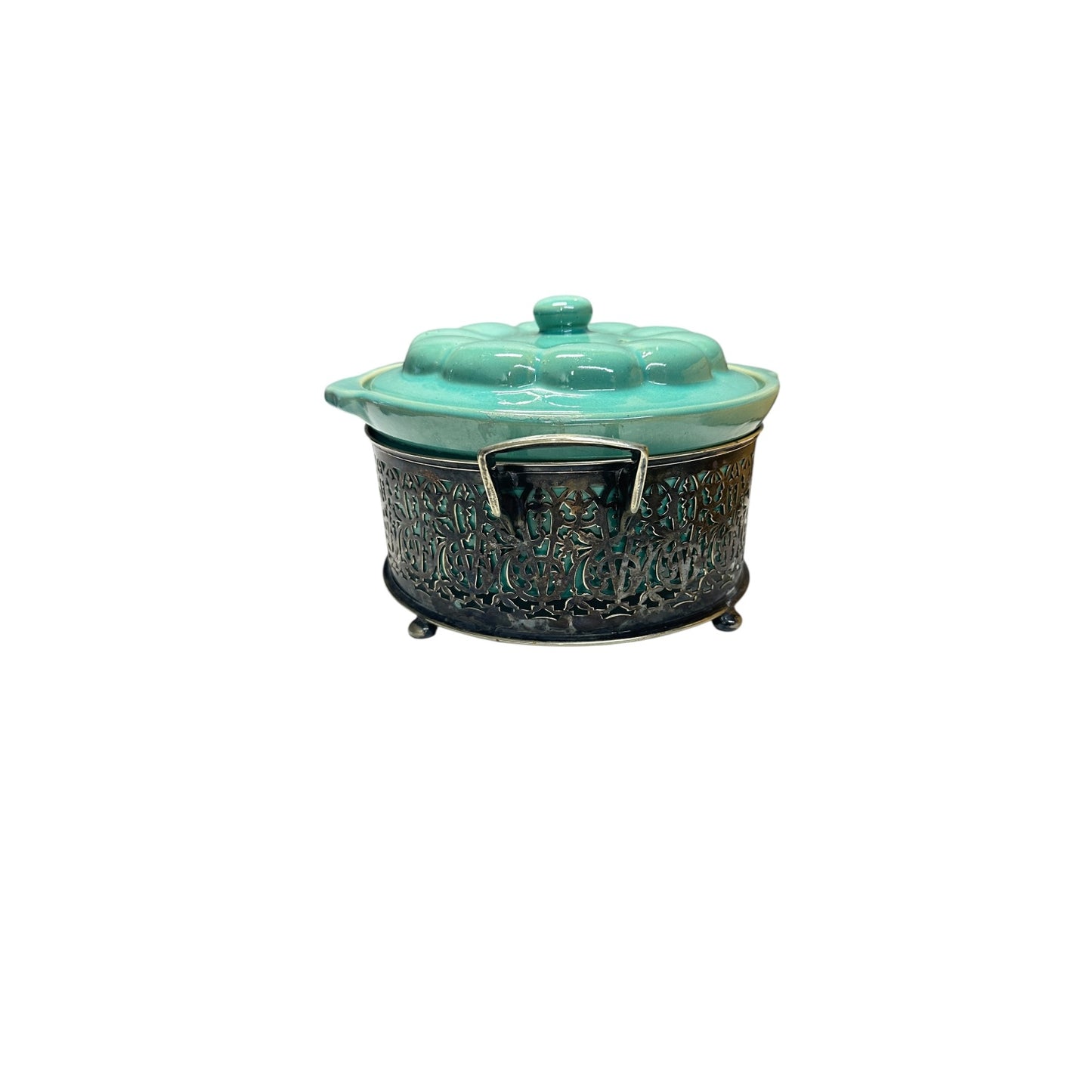 Vintage 1950s Aqua Ceramic Casserole Dish w/ Silver Plate Filigree Caddy