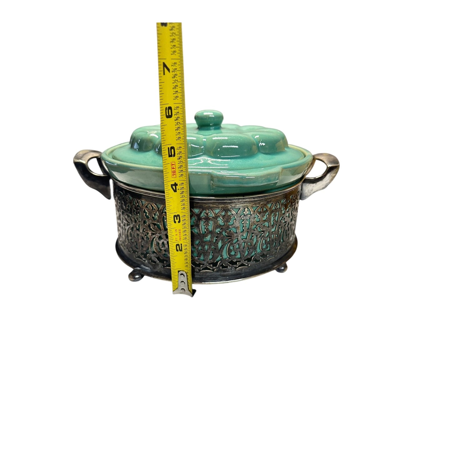 Vintage 1950s Aqua Ceramic Casserole Dish w/ Silver Plate Filigree Caddy