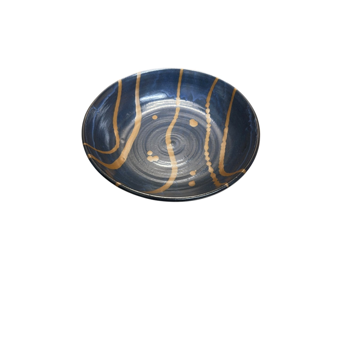 Large Eckels Studio Pottery Bowl Cobalt & Gold Drip Glaze Signed Vintage 11.5"