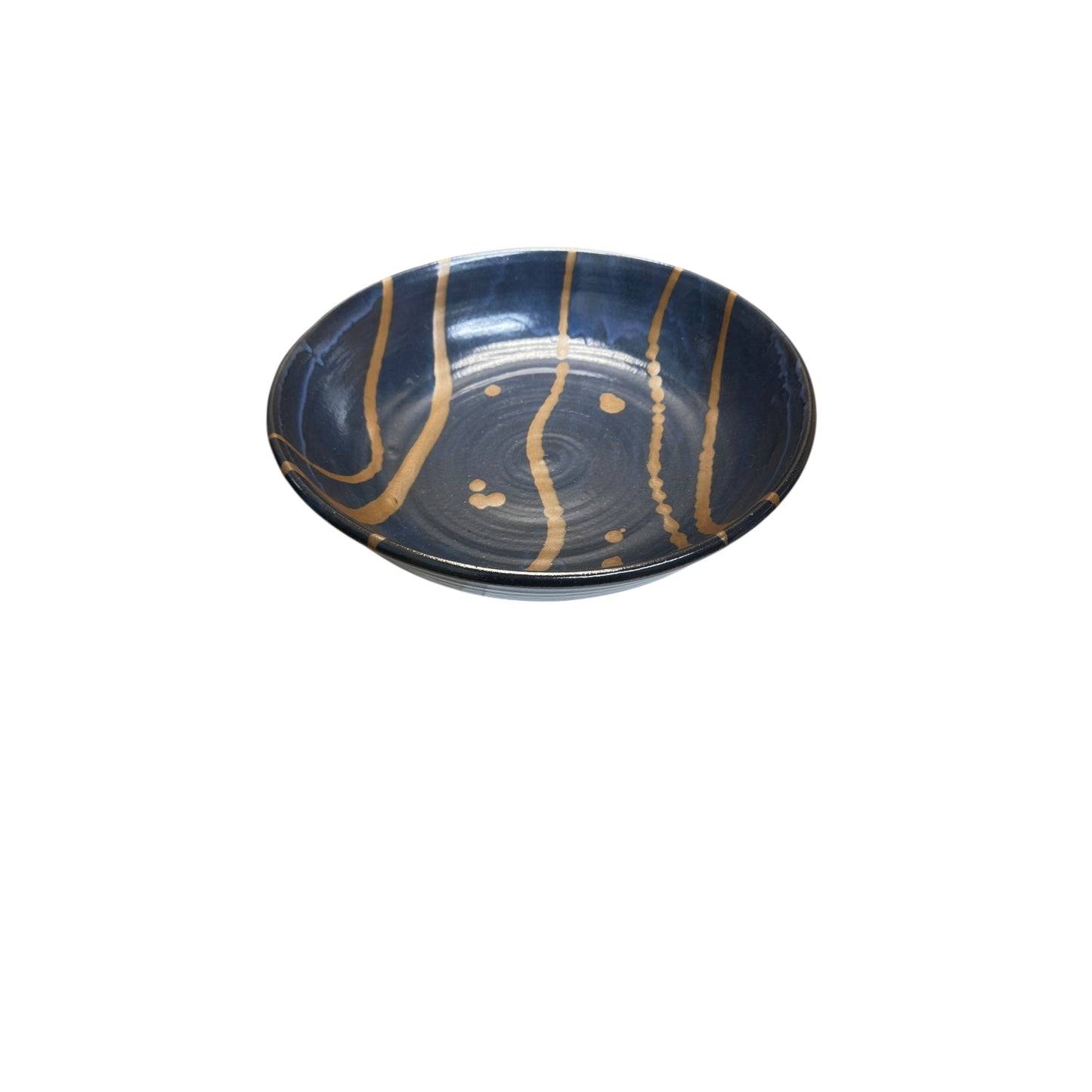 Large Eckels Studio Pottery Bowl Cobalt & Gold Drip Glaze Signed Vintage 11.5"