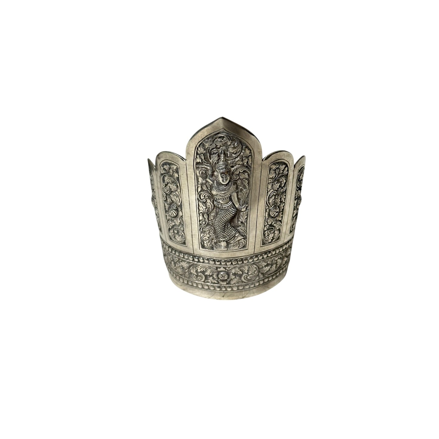 Vintage Thai Silver Repoussé Goddess Apsara Wide Cuff Bracelet