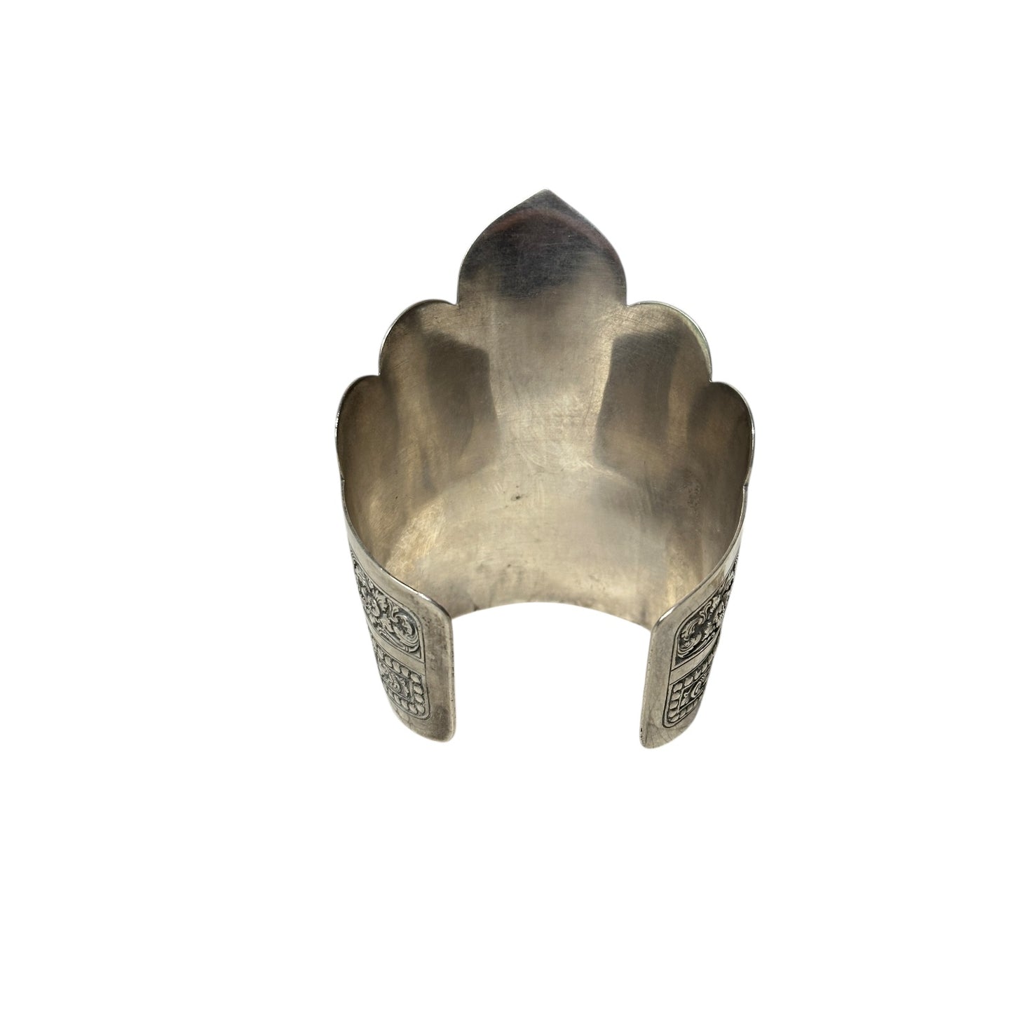 Vintage Thai Silver Repoussé Goddess Apsara Wide Cuff Bracelet