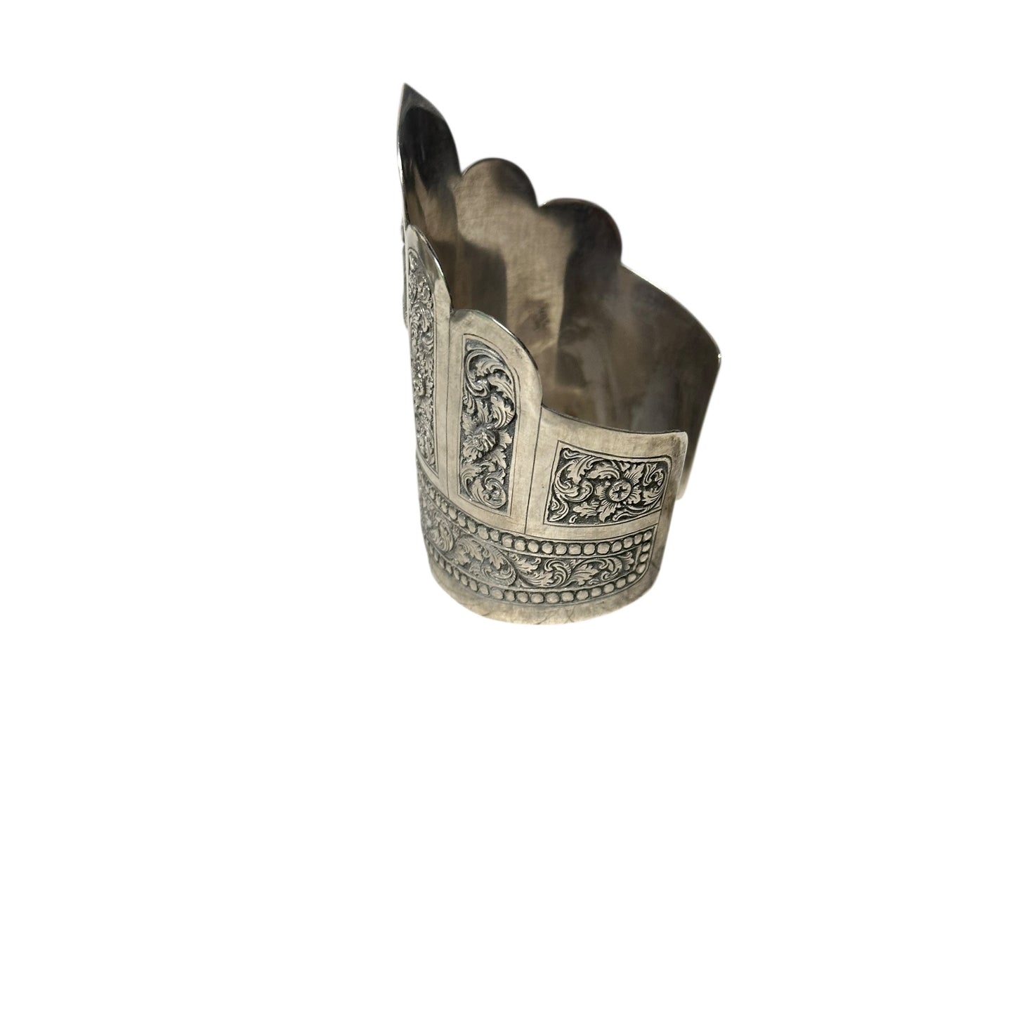 Vintage Thai Silver Repoussé Goddess Apsara Wide Cuff Bracelet