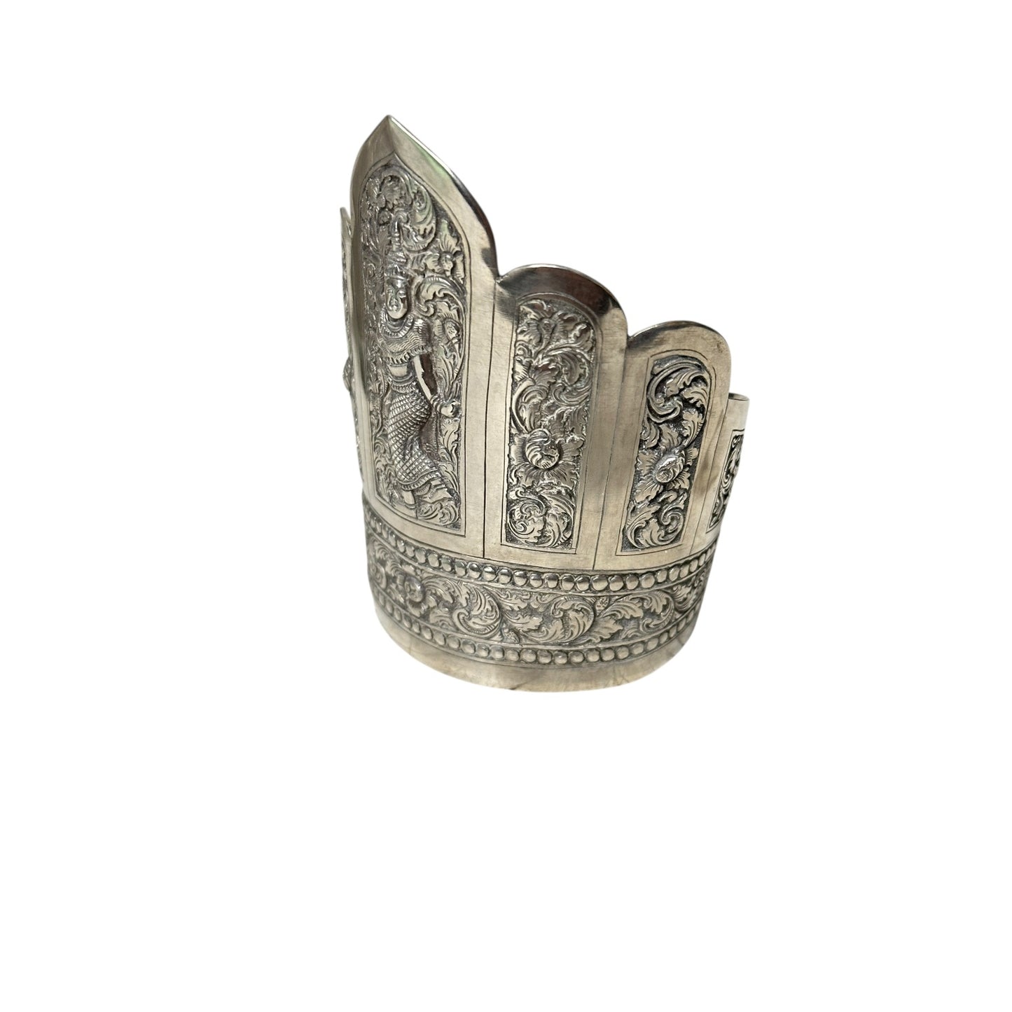Vintage Thai Silver Repoussé Goddess Apsara Wide Cuff Bracelet