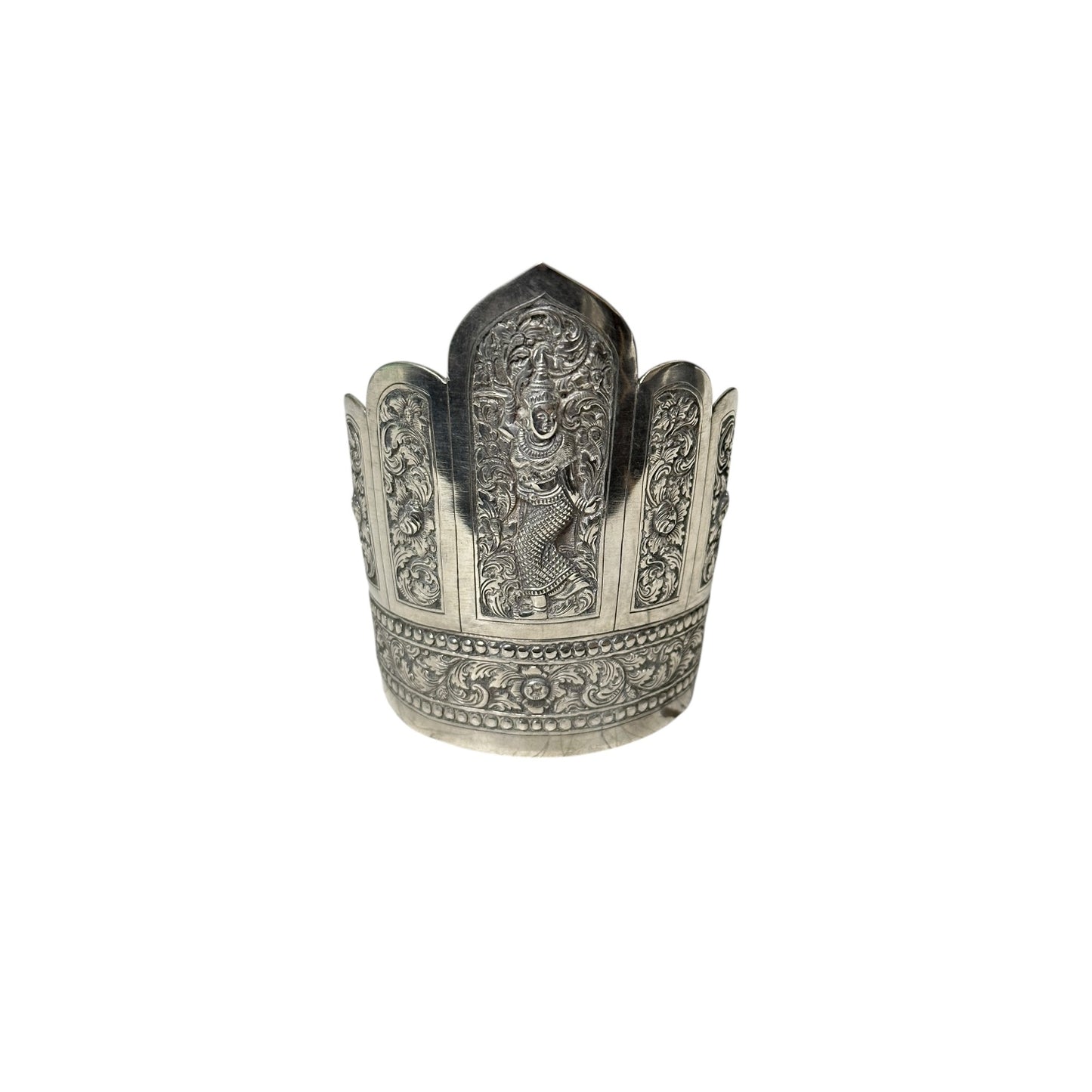 Vintage Thai Silver Repoussé Goddess Apsara Wide Cuff Bracelet