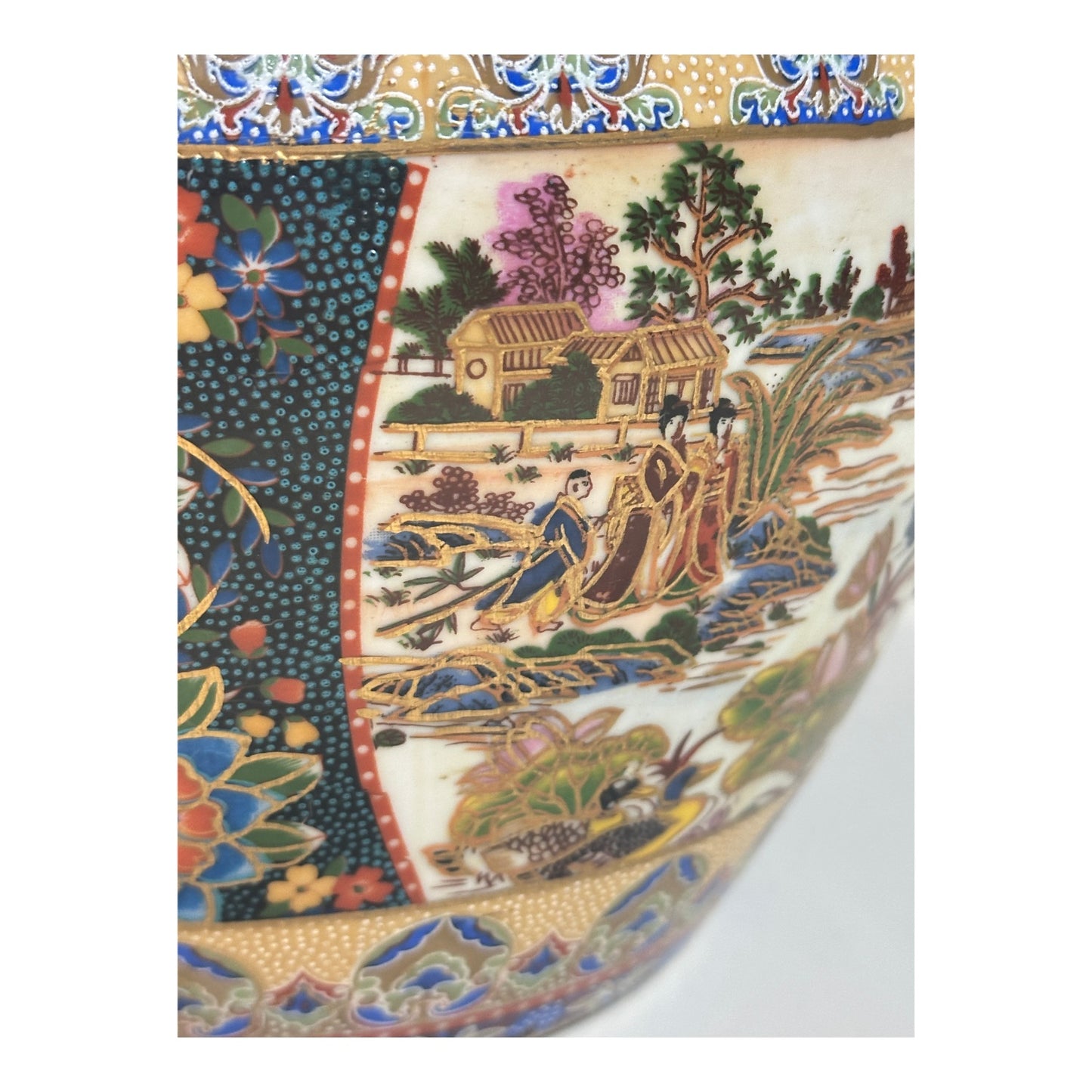 Vintage Chinese Porcelain Fish Bowl Planter with Gilt Satsuma Style Scenes