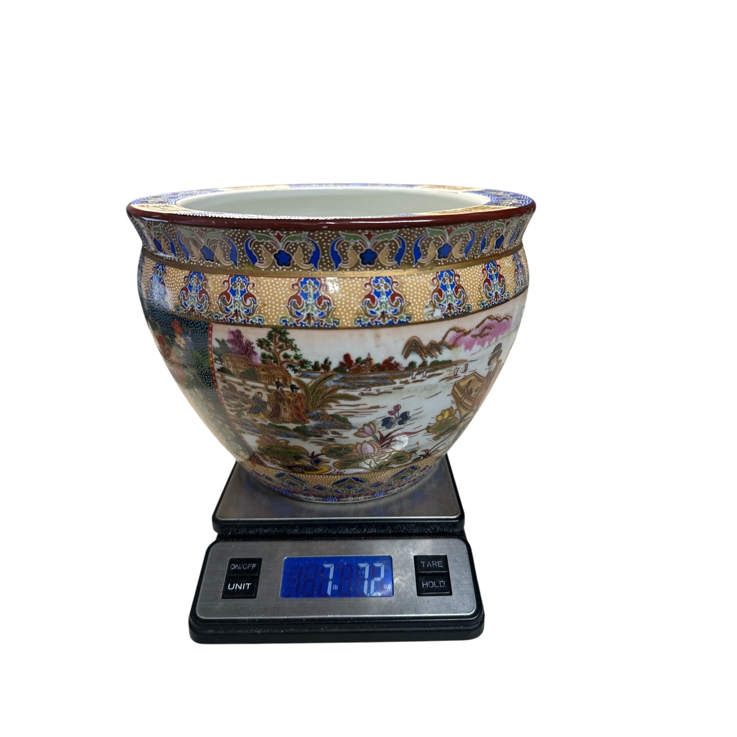 Vintage Chinese Porcelain Fish Bowl Planter with Gilt Satsuma Style Scenes