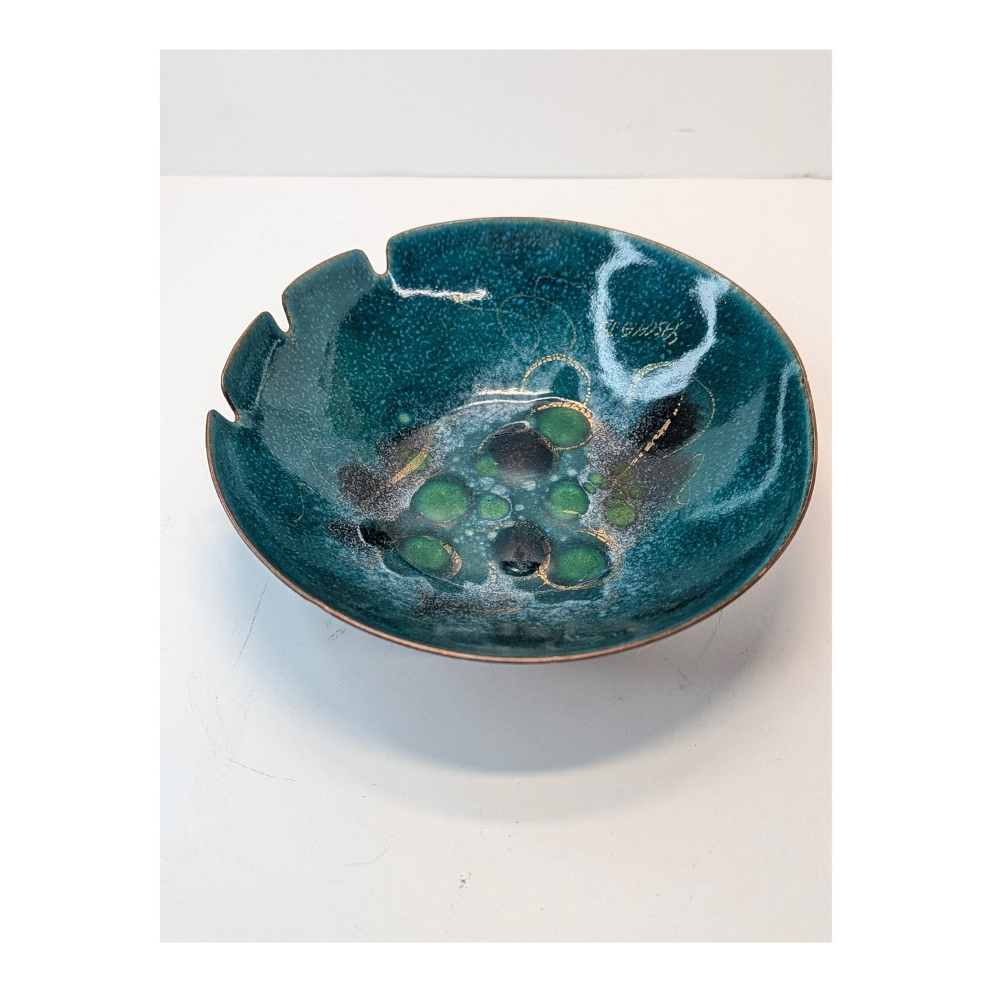 Vintage Bovano Enamel on Copper Bowl Mid-Century Teal Green Brutalist Ashtray