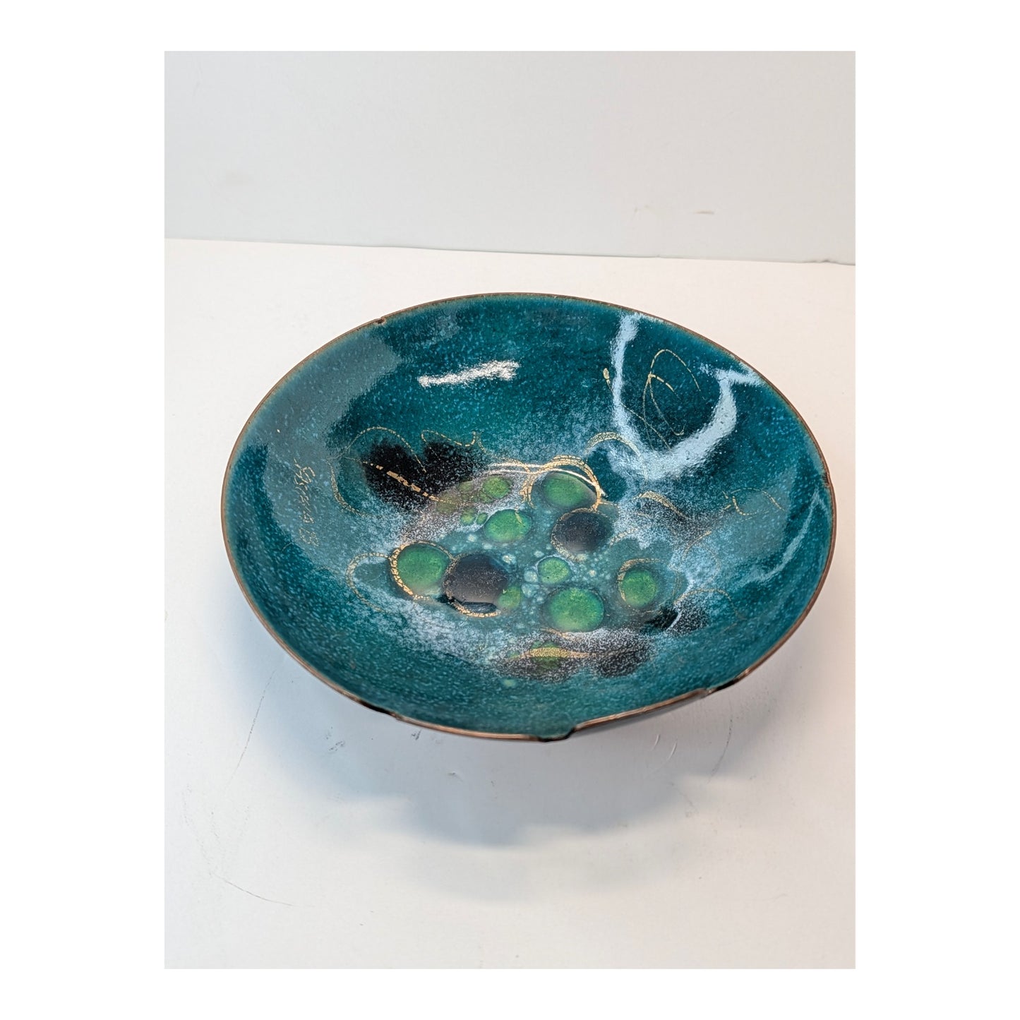 Vintage Bovano Enamel on Copper Bowl Mid-Century Teal Green Brutalist Ashtray