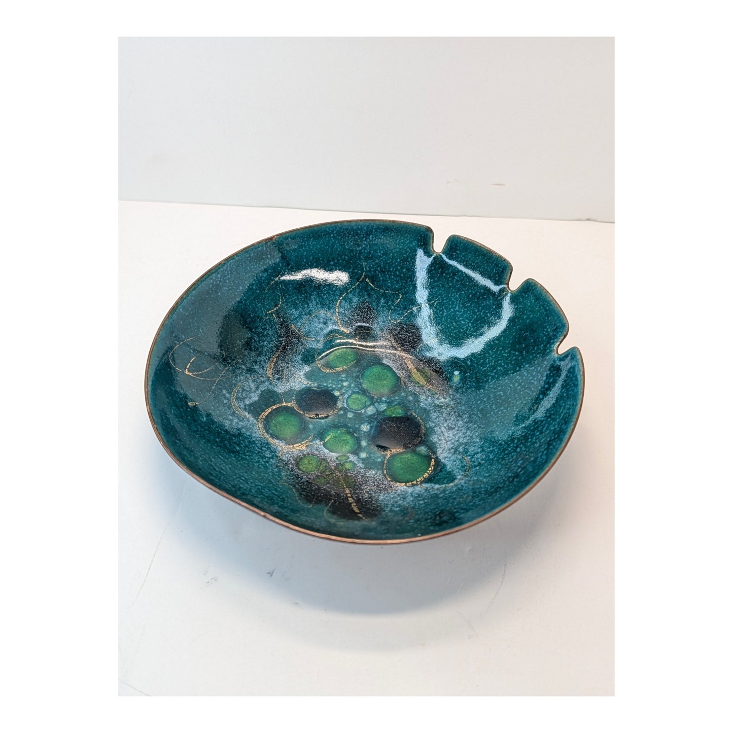Vintage Bovano Enamel on Copper Bowl Mid-Century Teal Green Brutalist Ashtray