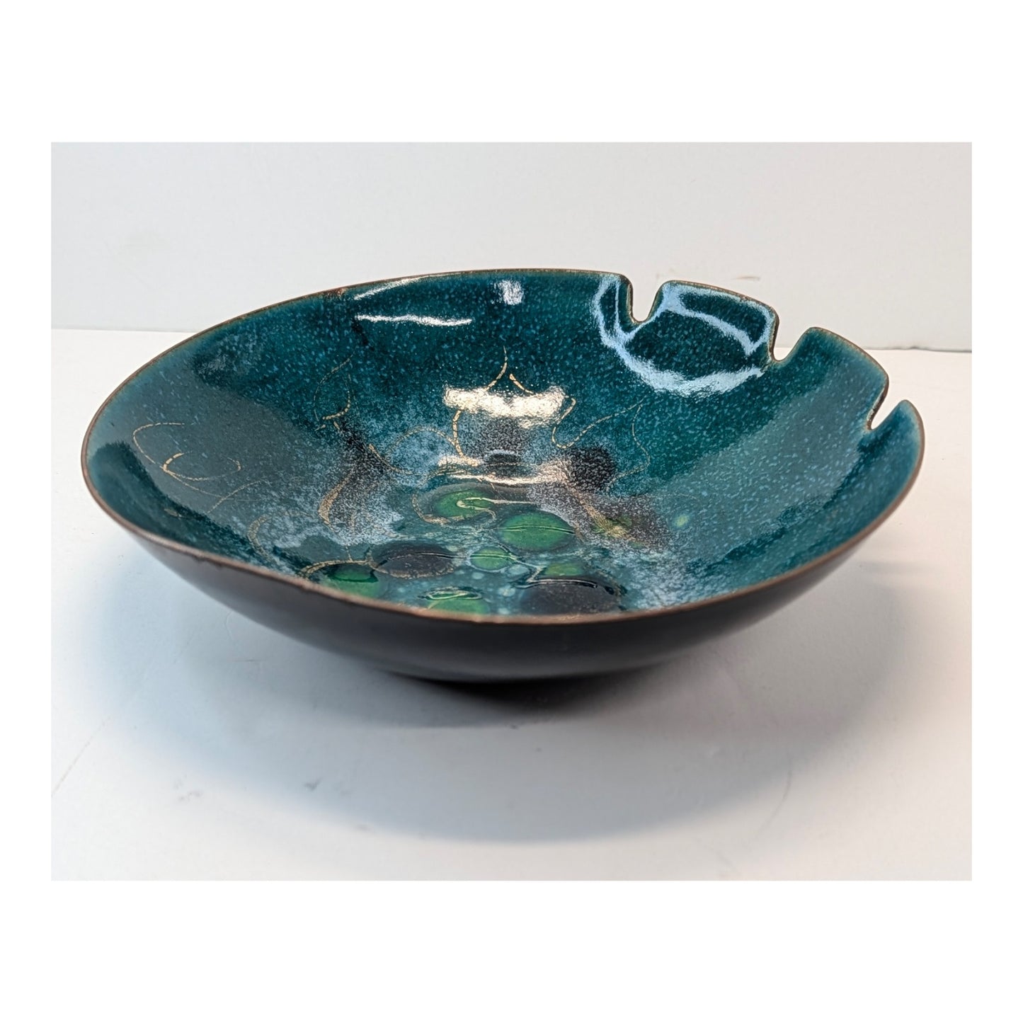 Vintage Bovano Enamel on Copper Bowl Mid-Century Teal Green Brutalist Ashtray