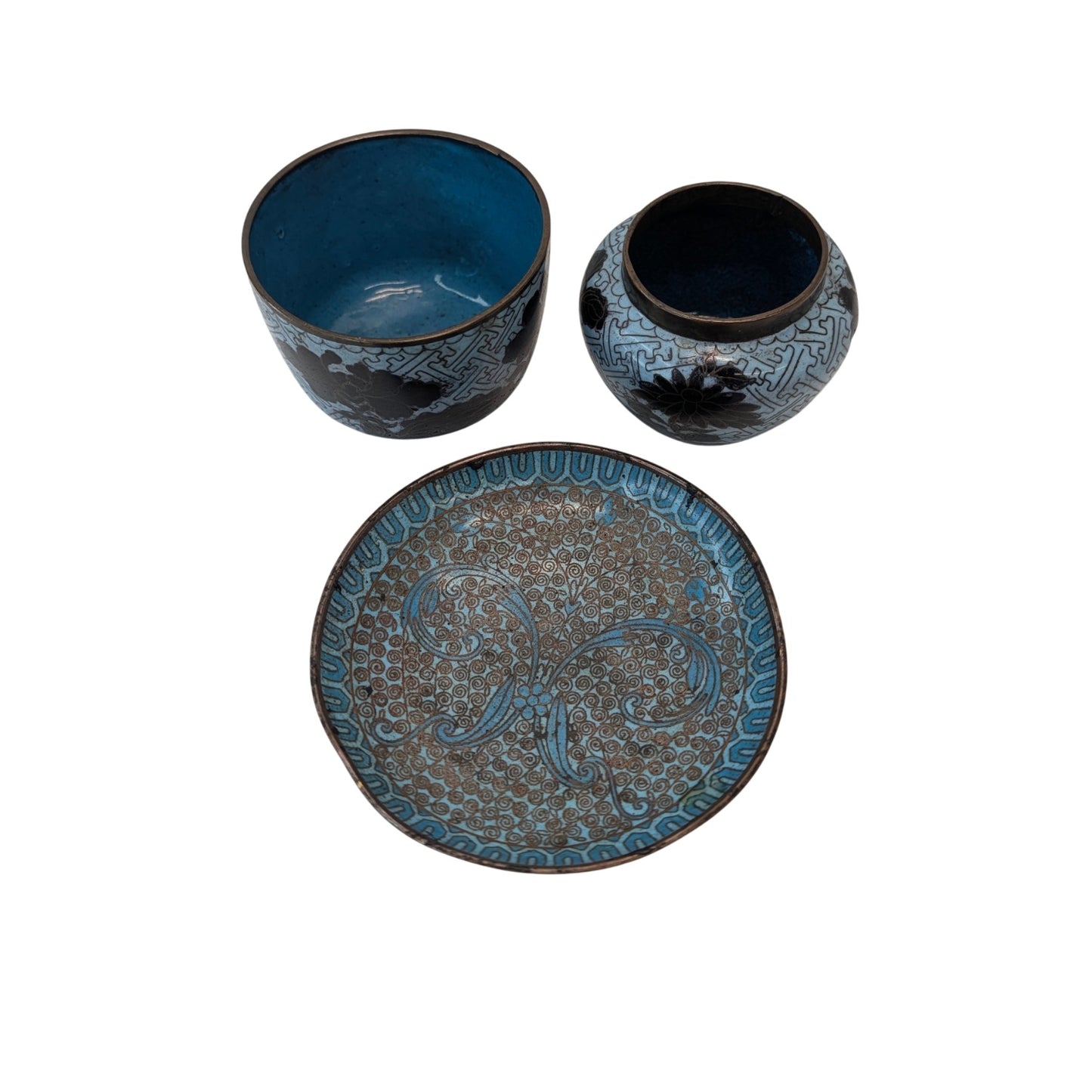 Antique Chinese Cloisonné 3pc Set Black Floral Enamel Bowl Vase Saucer