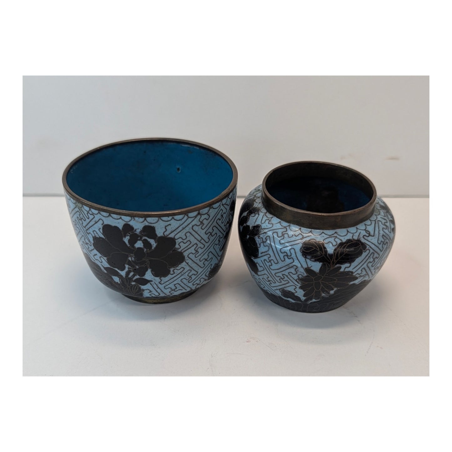 Antique Chinese Cloisonné 3pc Set Black Floral Enamel Bowl Vase Saucer
