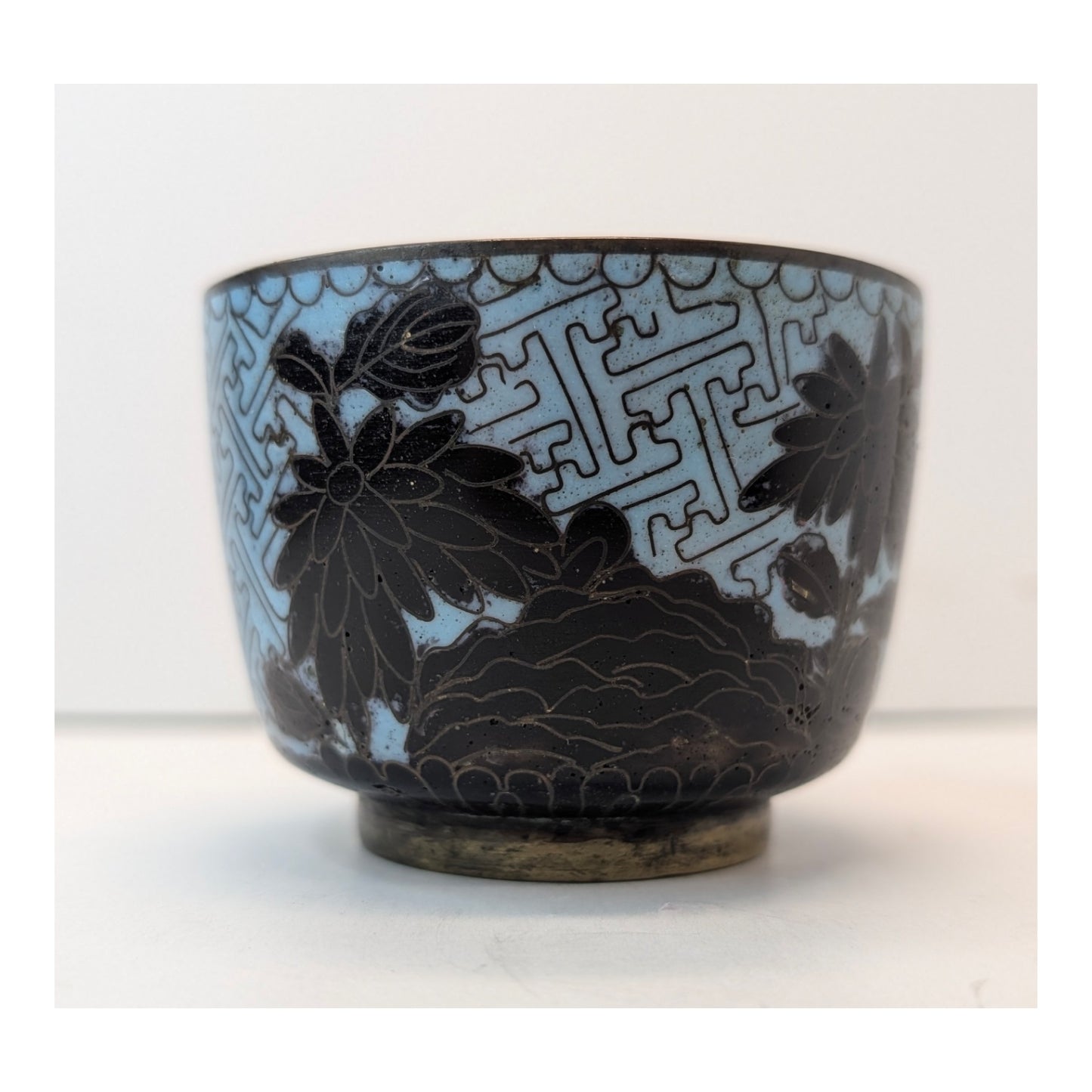 Antique Chinese Cloisonné 3pc Set Black Floral Enamel Bowl Vase Saucer