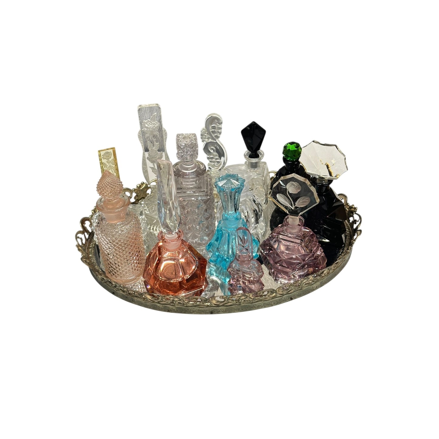 Curated Vintage Perfume Bottle & Vanity Tray Set | Hollywood Regency Art Glass