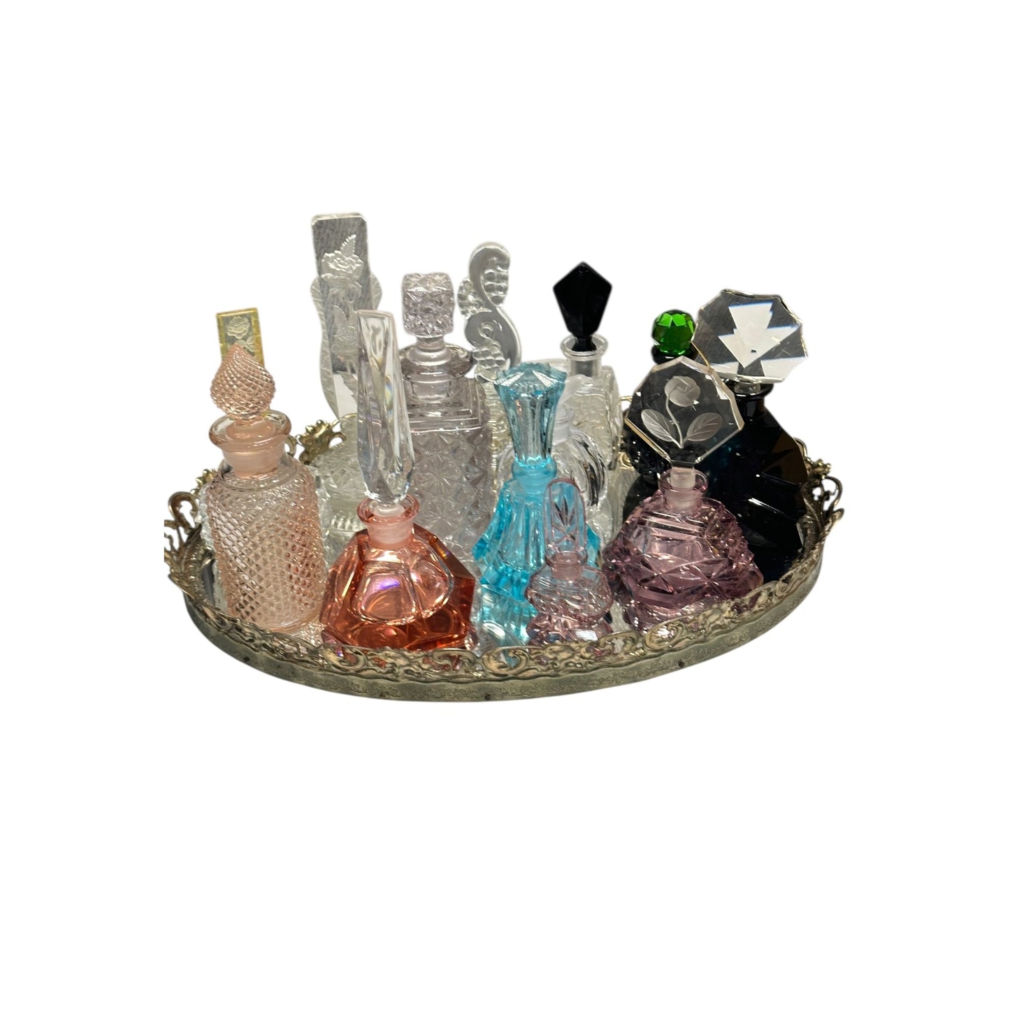 Curated Vintage Perfume Bottle & Vanity Tray Set | Hollywood Regency Art Glass