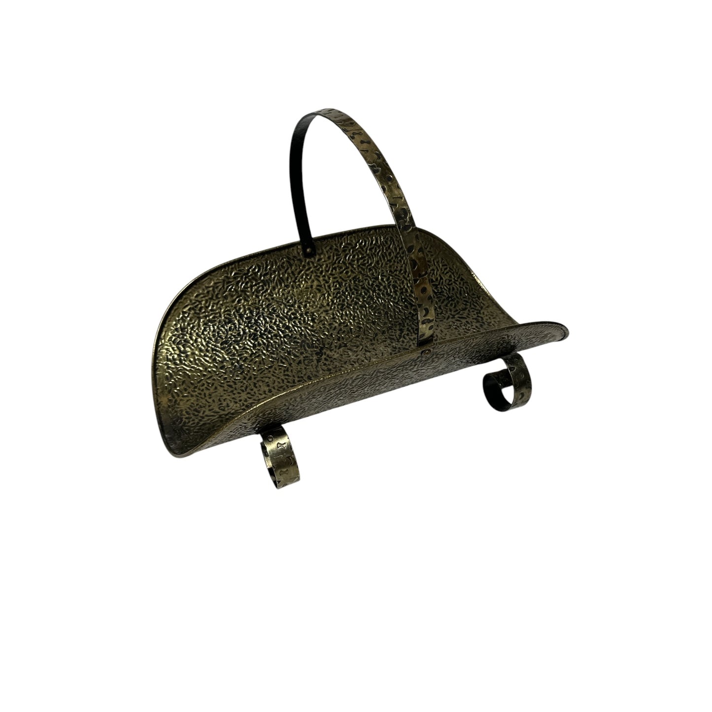 Vintage Mid-Century Hammered Brass Log Holder Fireplace Caddy