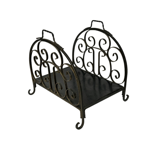 Vintage Wrought Iron Log Holder Spanish Revival Scrollwork Magazine Rack