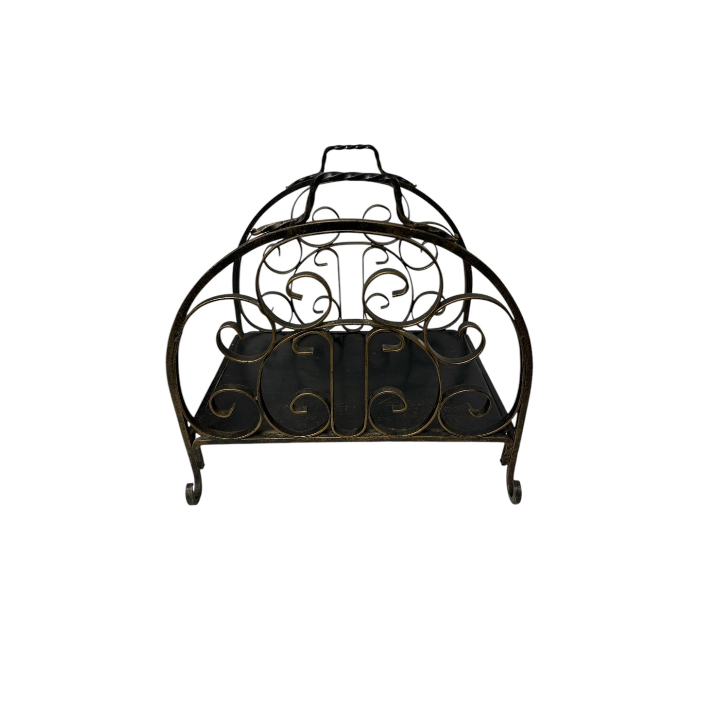 Vintage Wrought Iron Log Holder Spanish Revival Scrollwork Magazine Rack