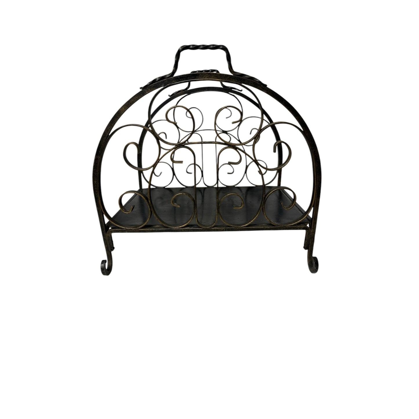 Vintage Wrought Iron Log Holder Spanish Revival Scrollwork Magazine Rack