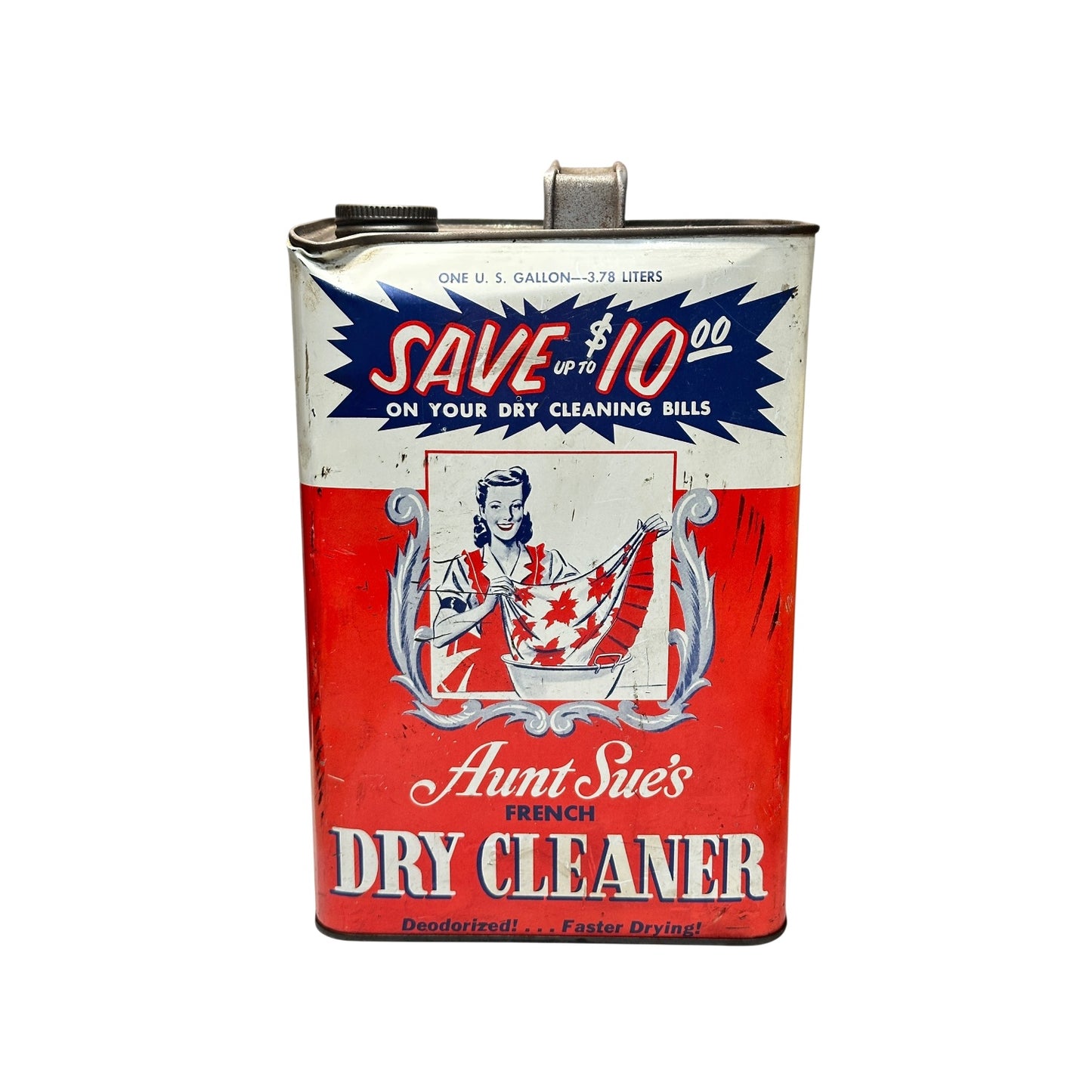 Vintage 1950s Aunt Sue's Dry Cleaner Tin Can Advertising Litho Decor