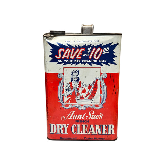 Vintage 1950s Aunt Sue's Dry Cleaner Tin Can Advertising Litho Decor