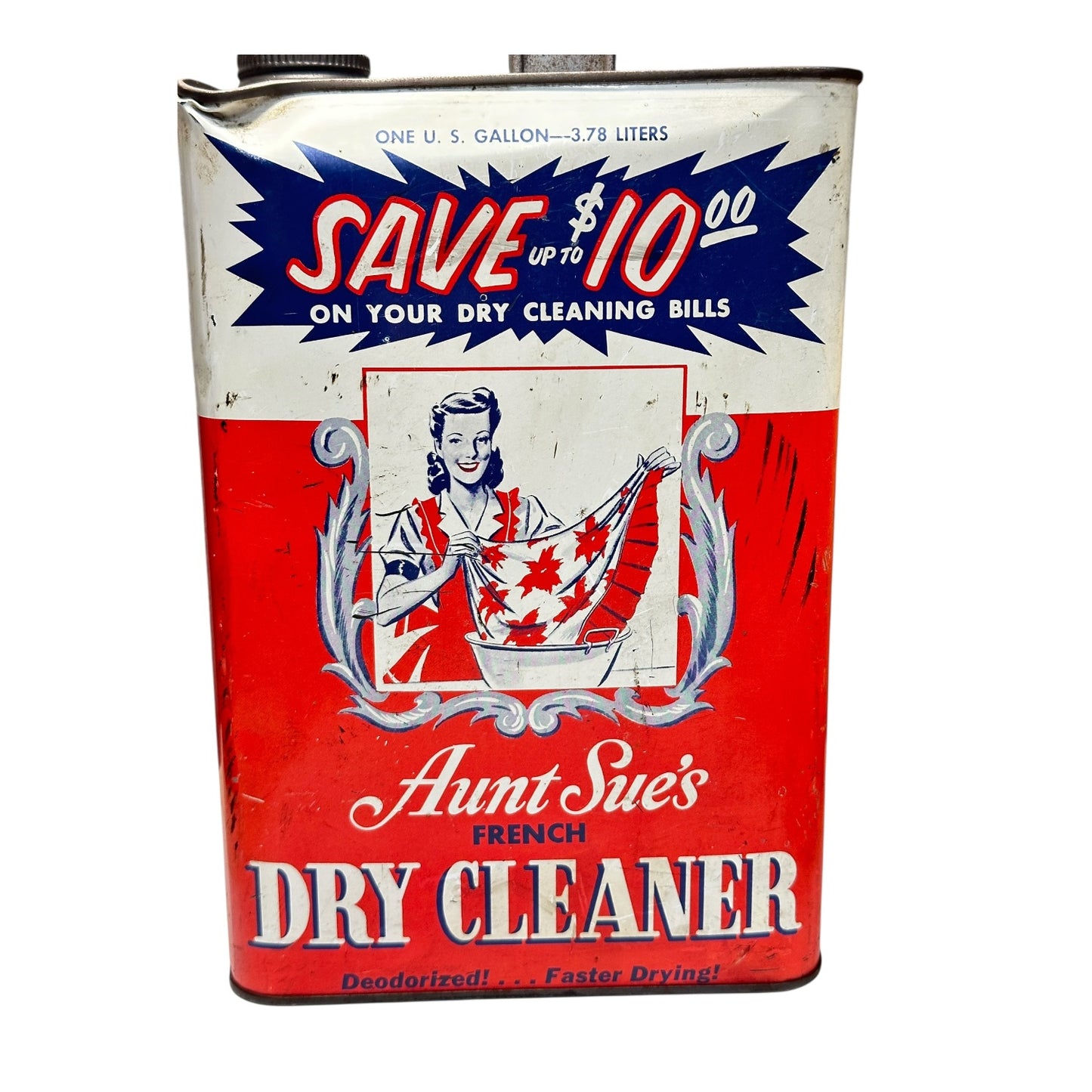 Vintage 1950s Aunt Sue's Dry Cleaner Tin Can Advertising Litho Decor