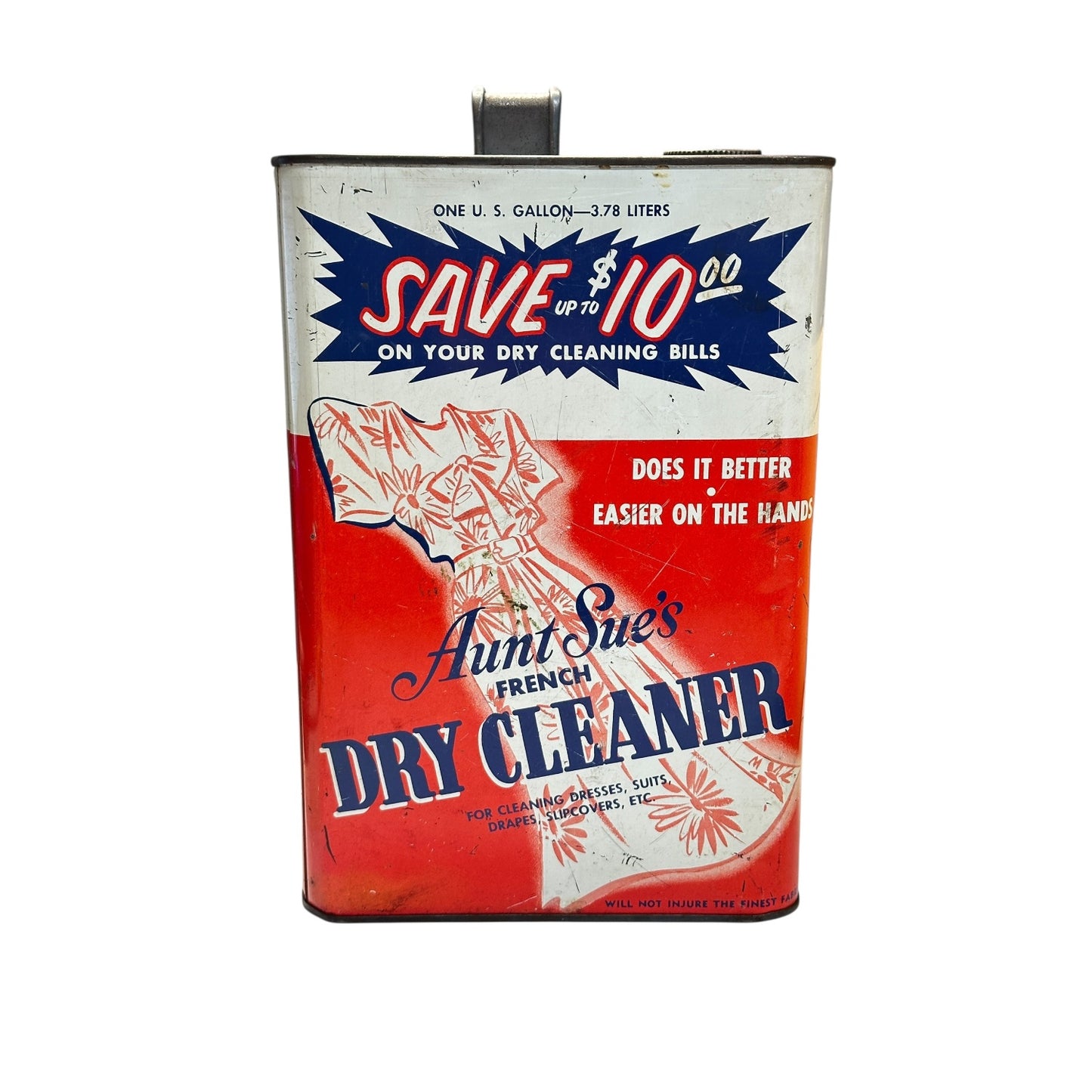 Vintage 1950s Aunt Sue's Dry Cleaner Tin Can Advertising Litho Decor