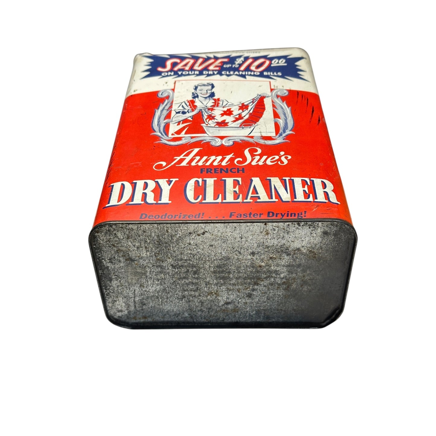 Vintage 1950s Aunt Sue's Dry Cleaner Tin Can Advertising Litho Decor