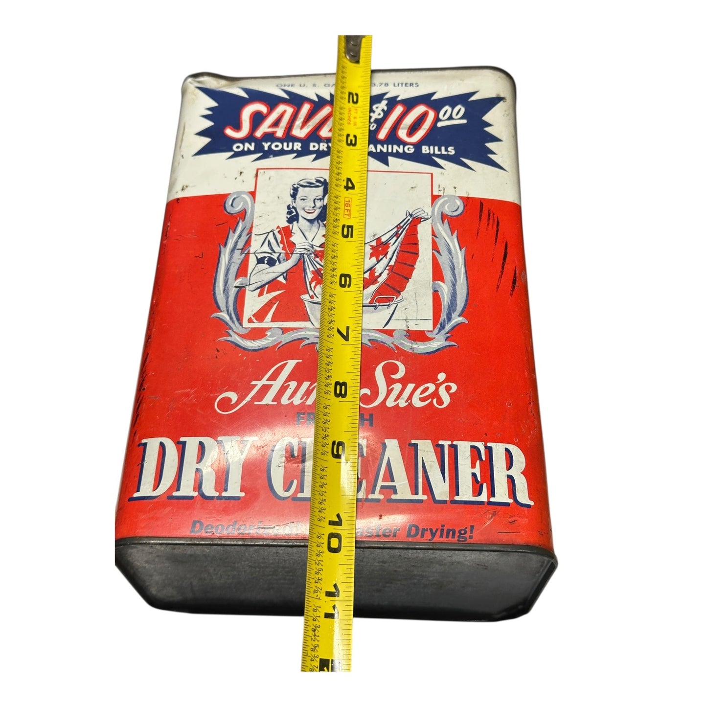 Vintage 1950s Aunt Sue's Dry Cleaner Tin Can Advertising Litho Decor