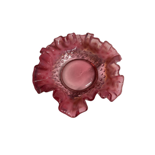 Vintage Fenton Cranberry Opalescent Hobnail Ruffled Art Glass Bowl