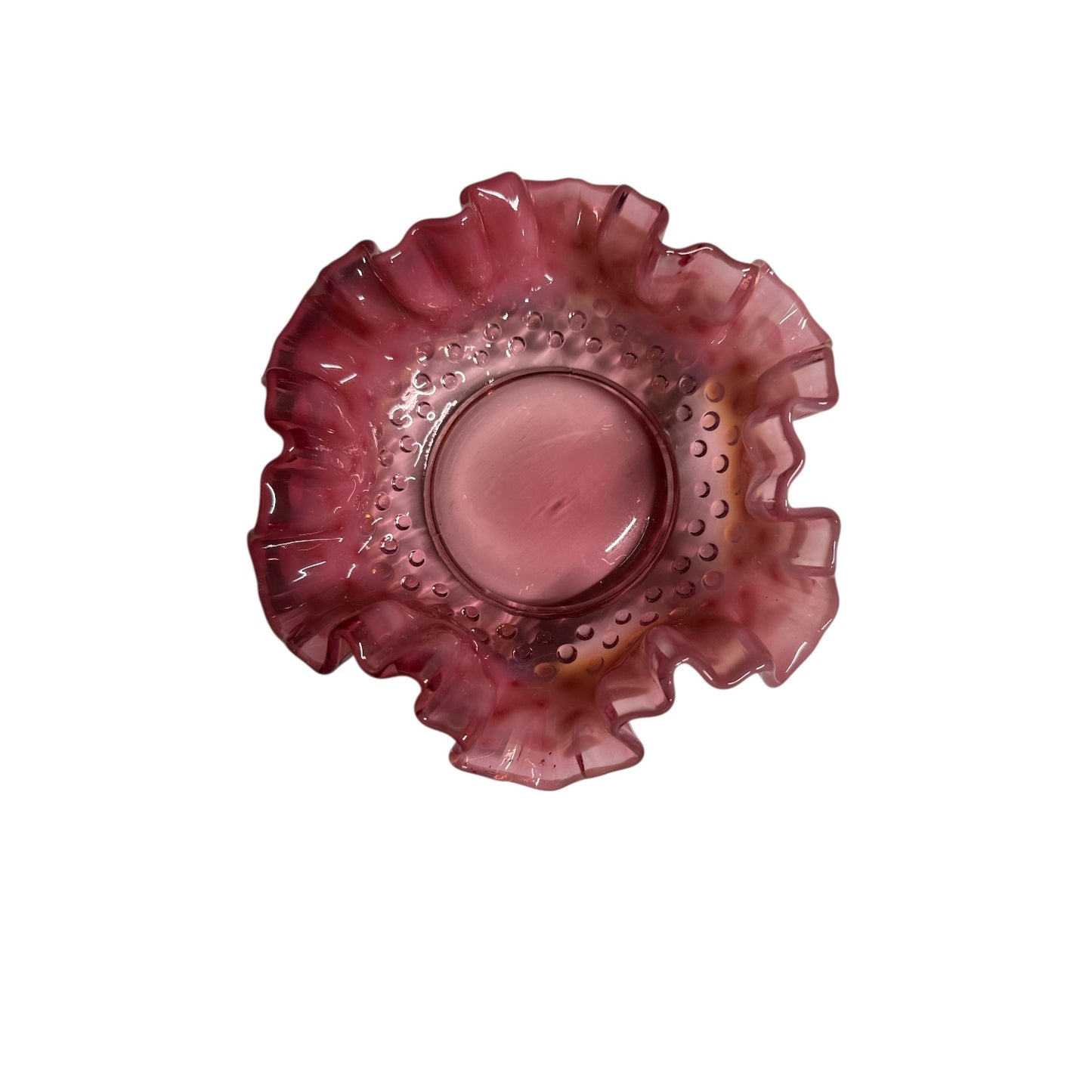 Vintage Fenton Cranberry Opalescent Hobnail Ruffled Art Glass Bowl