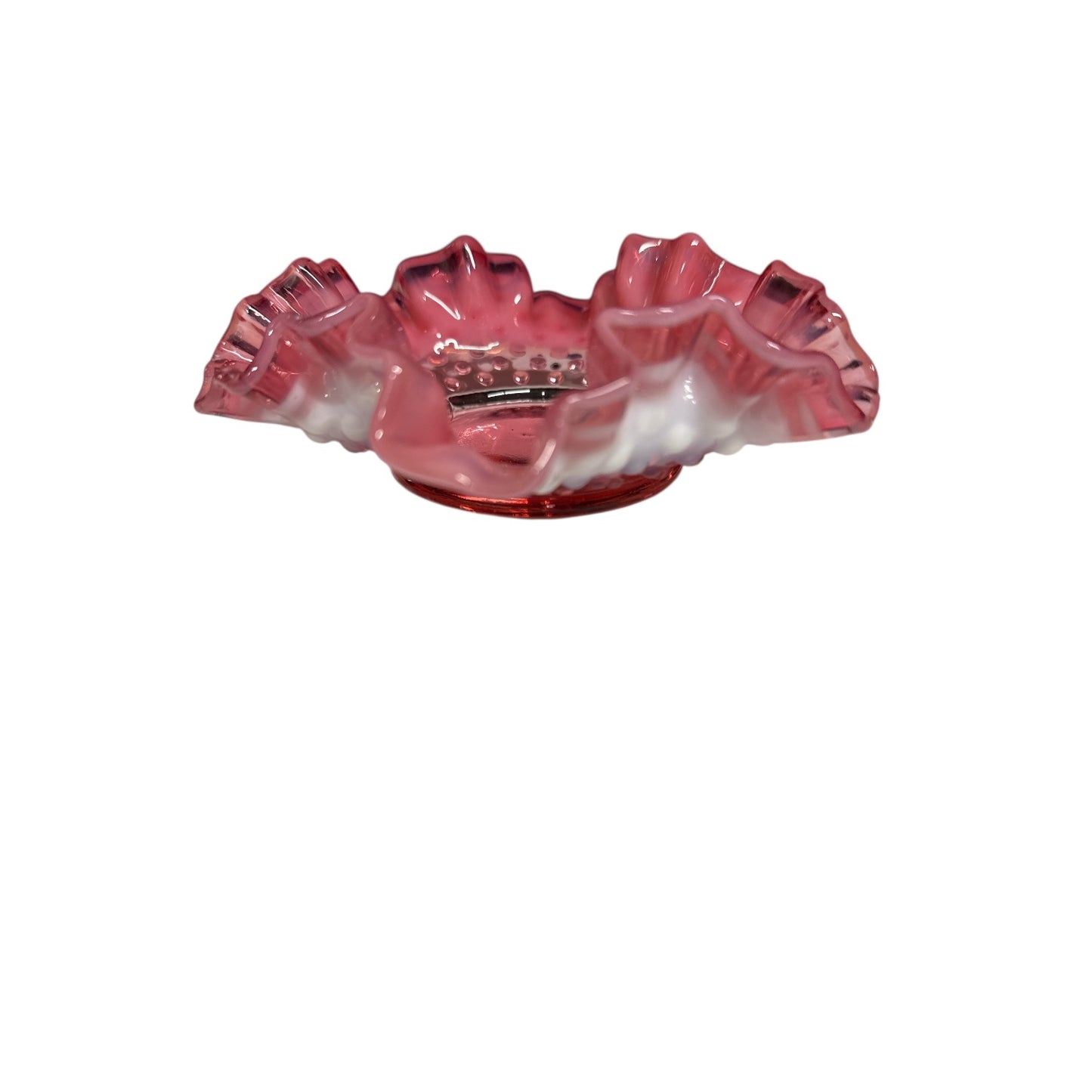 Vintage Fenton Cranberry Opalescent Hobnail Ruffled Art Glass Bowl