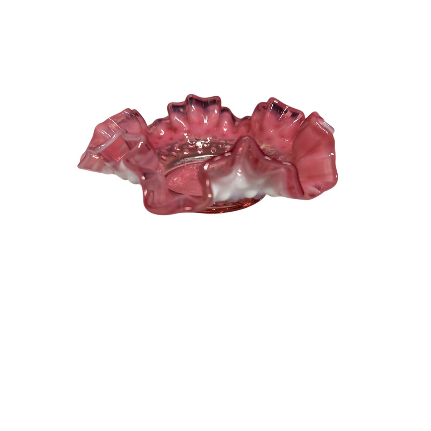 Vintage Fenton Cranberry Opalescent Hobnail Ruffled Art Glass Bowl