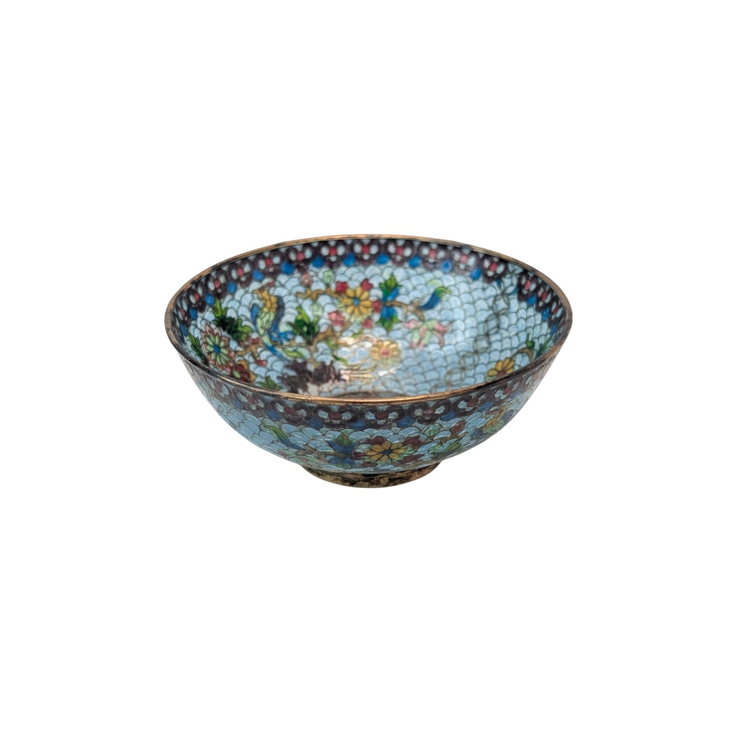 Vintage Chinese Cloisonné Enamel Bowl Light Blue Floral & Bird Motif