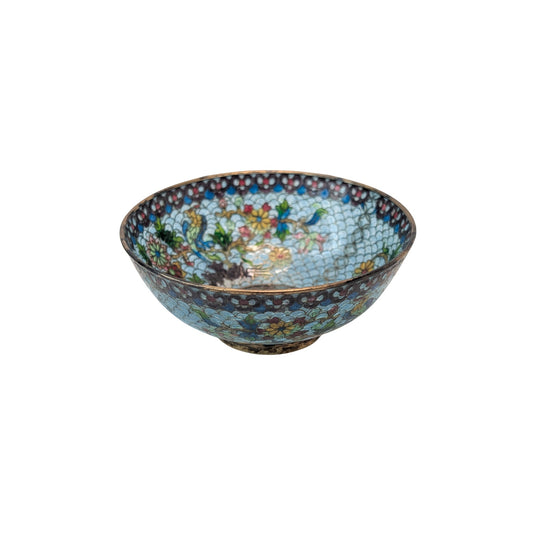 Vintage Chinese Cloisonné Enamel Bowl Light Blue Floral & Bird Motif