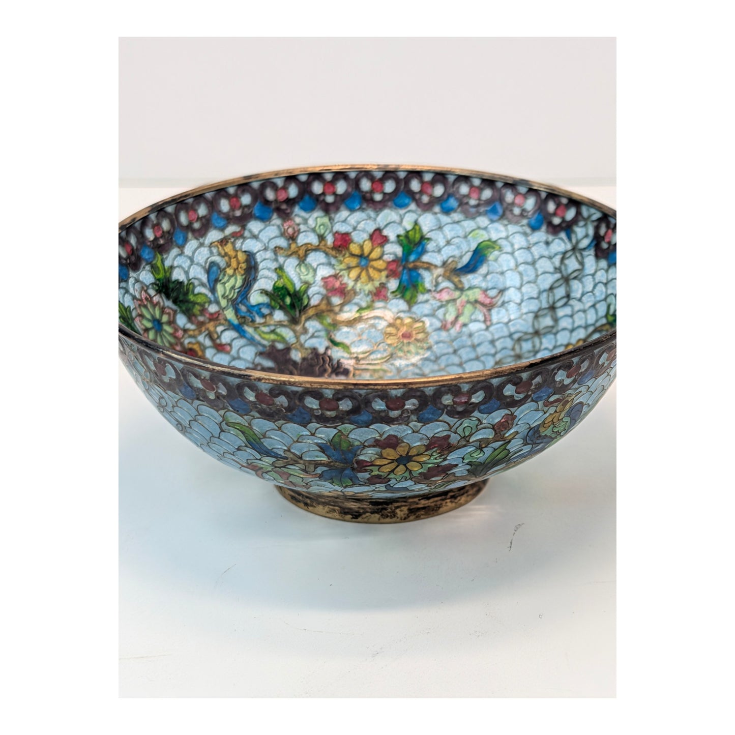 Vintage Chinese Cloisonné Enamel Bowl Light Blue Floral & Bird Motif