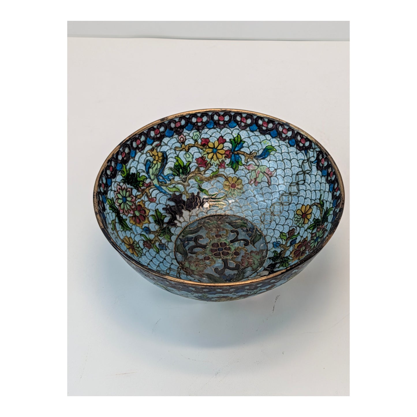 Vintage Chinese Cloisonné Enamel Bowl Light Blue Floral & Bird Motif