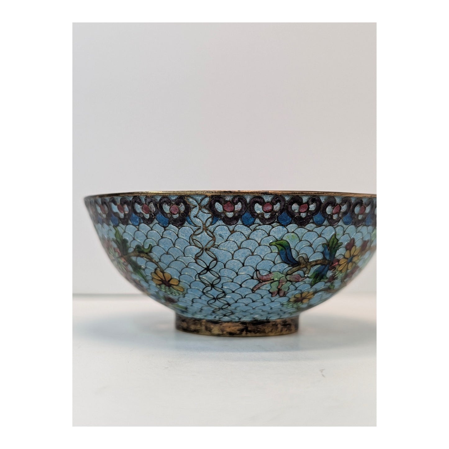 Vintage Chinese Cloisonné Enamel Bowl Light Blue Floral & Bird Motif
