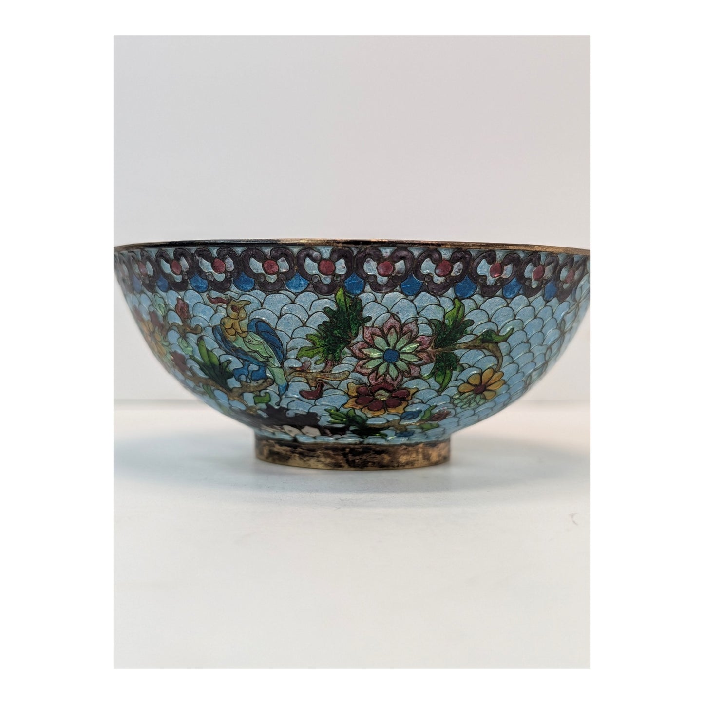 Vintage Chinese Cloisonné Enamel Bowl Light Blue Floral & Bird Motif