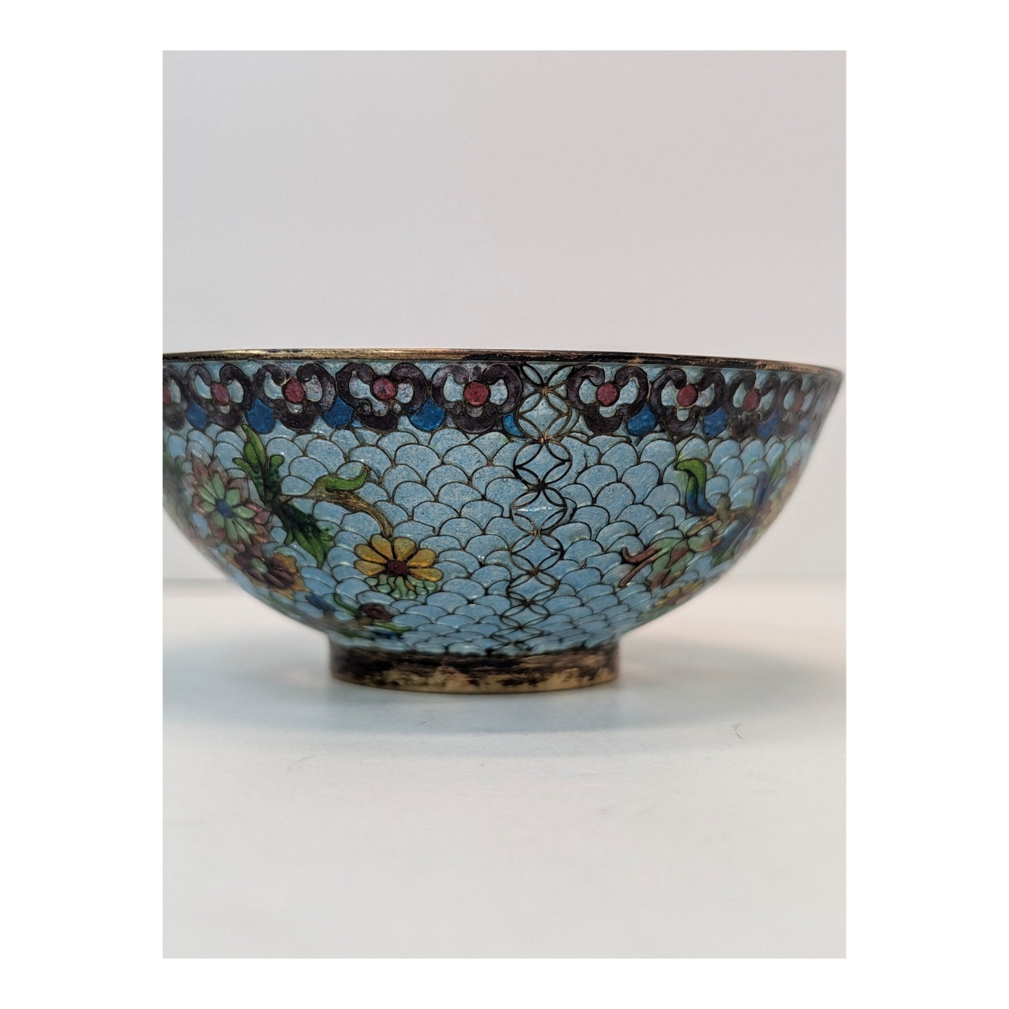 Vintage Chinese Cloisonné Enamel Bowl Light Blue Floral & Bird Motif