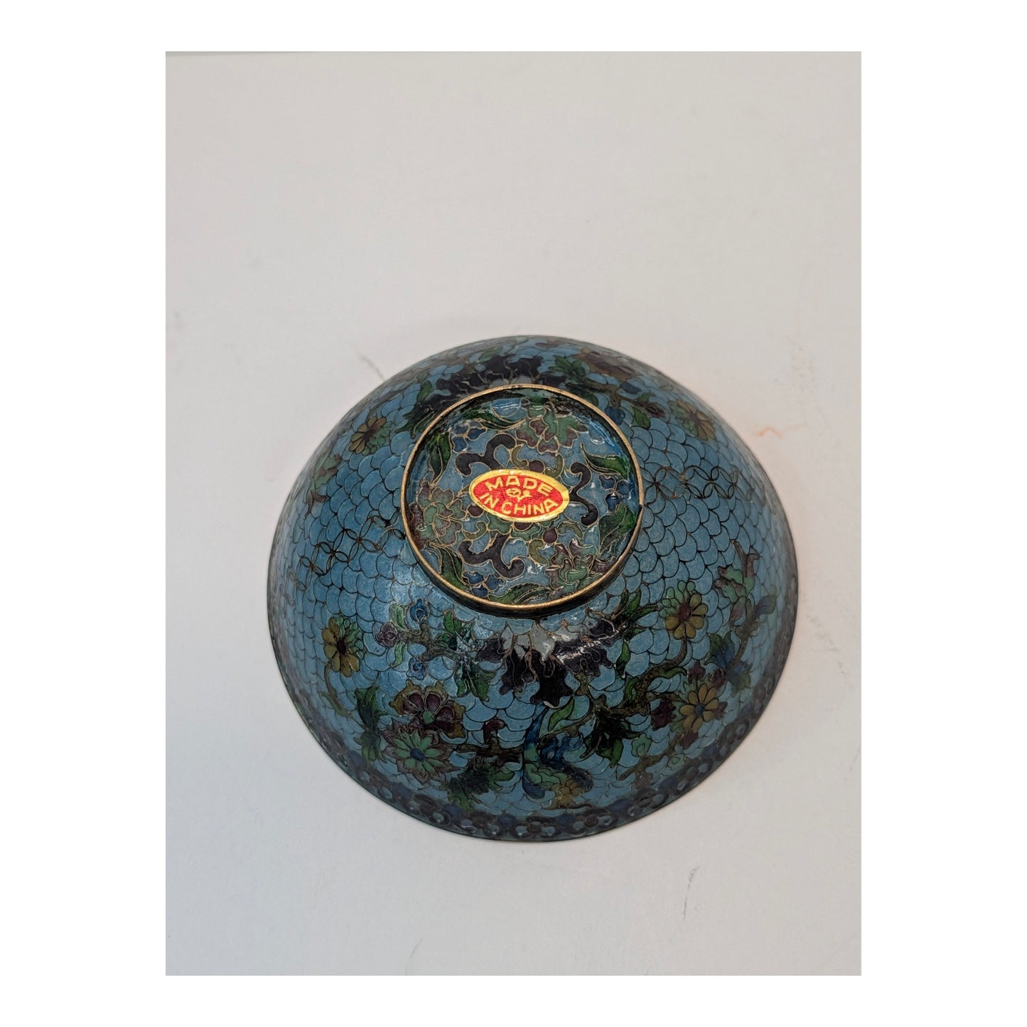 Vintage Chinese Cloisonné Enamel Bowl Light Blue Floral & Bird Motif