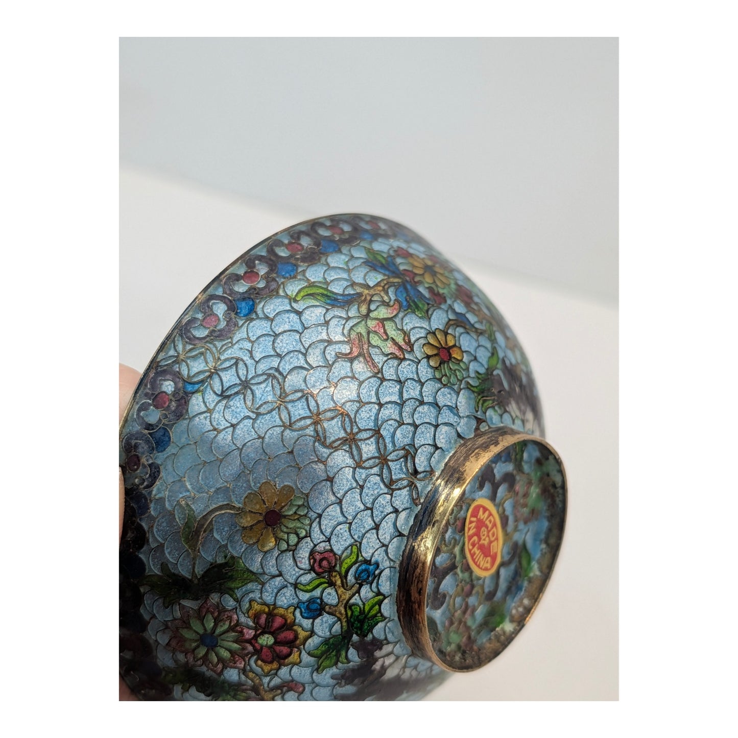 Vintage Chinese Cloisonné Enamel Bowl Light Blue Floral & Bird Motif