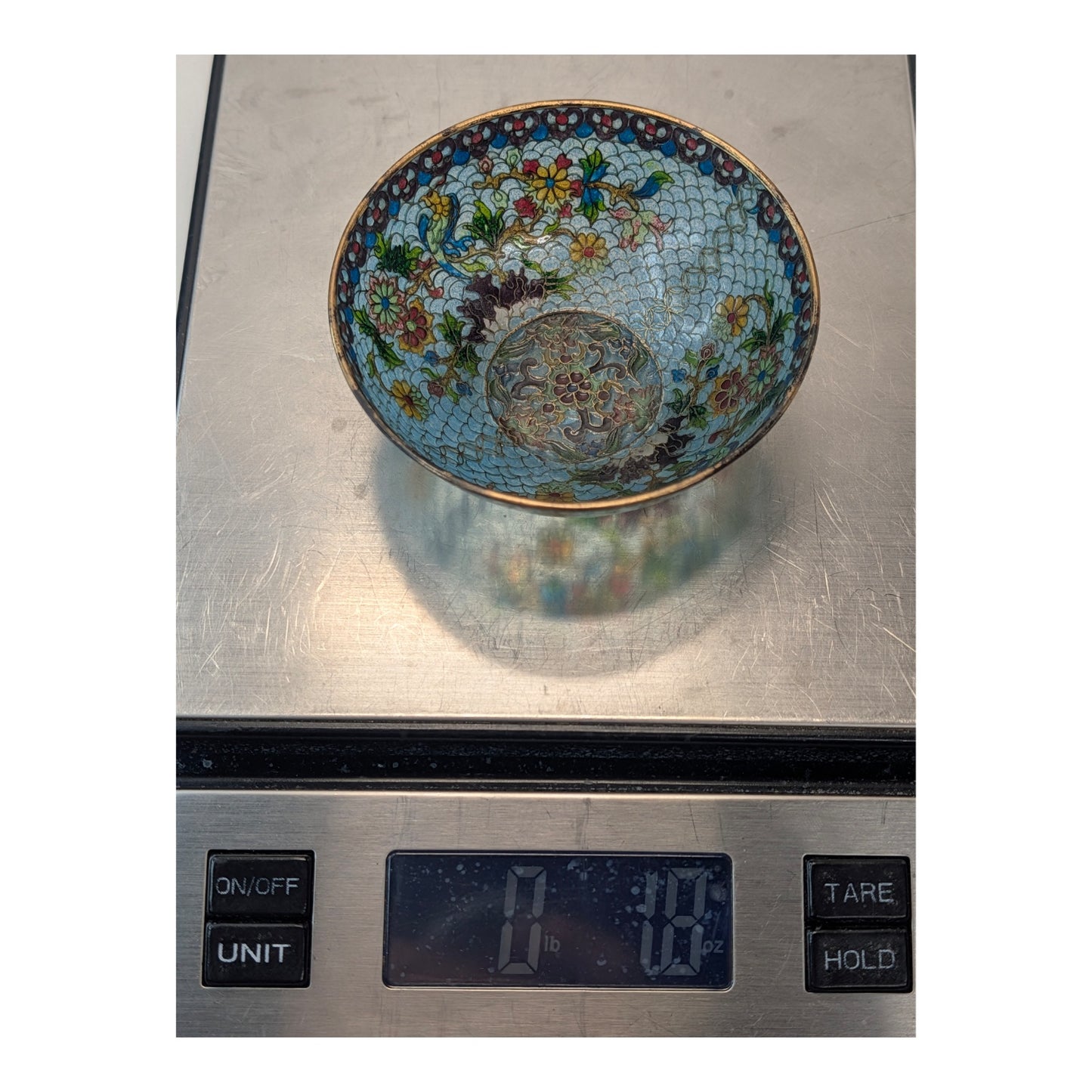 Vintage Chinese Cloisonné Enamel Bowl Light Blue Floral & Bird Motif
