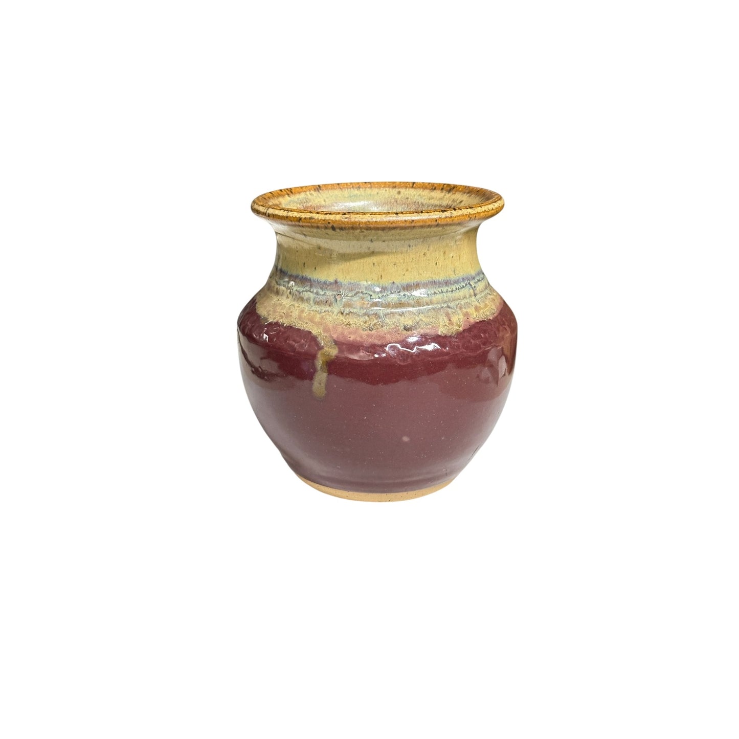 Signed Studio Art Pottery Vase Burgundy & Ochre Drip Glaze Dated 2000