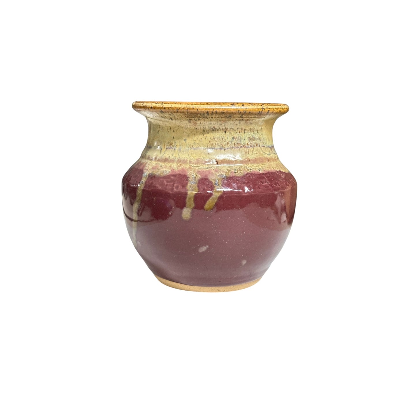 Signed Studio Art Pottery Vase Burgundy & Ochre Drip Glaze Dated 2000