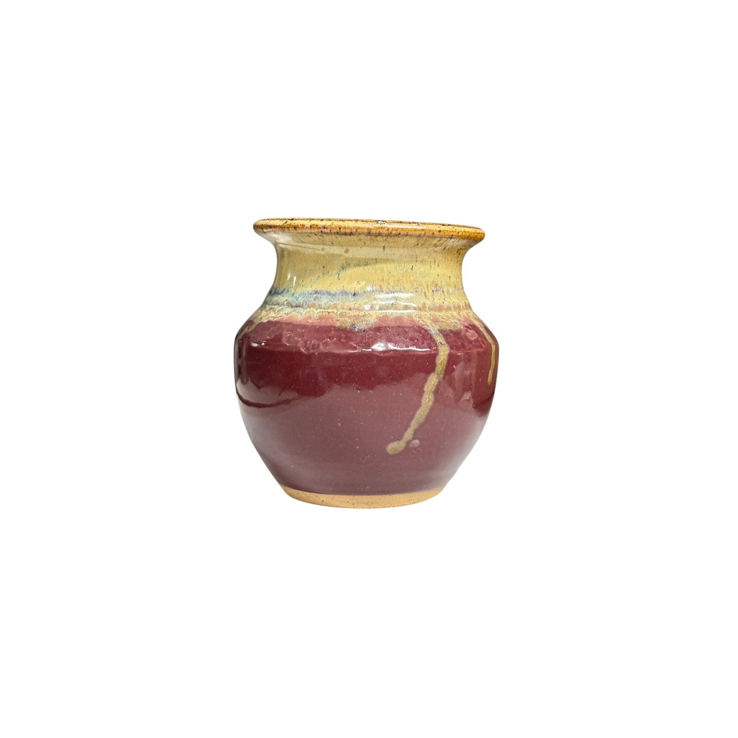 Signed Studio Art Pottery Vase Burgundy & Ochre Drip Glaze Dated 2000