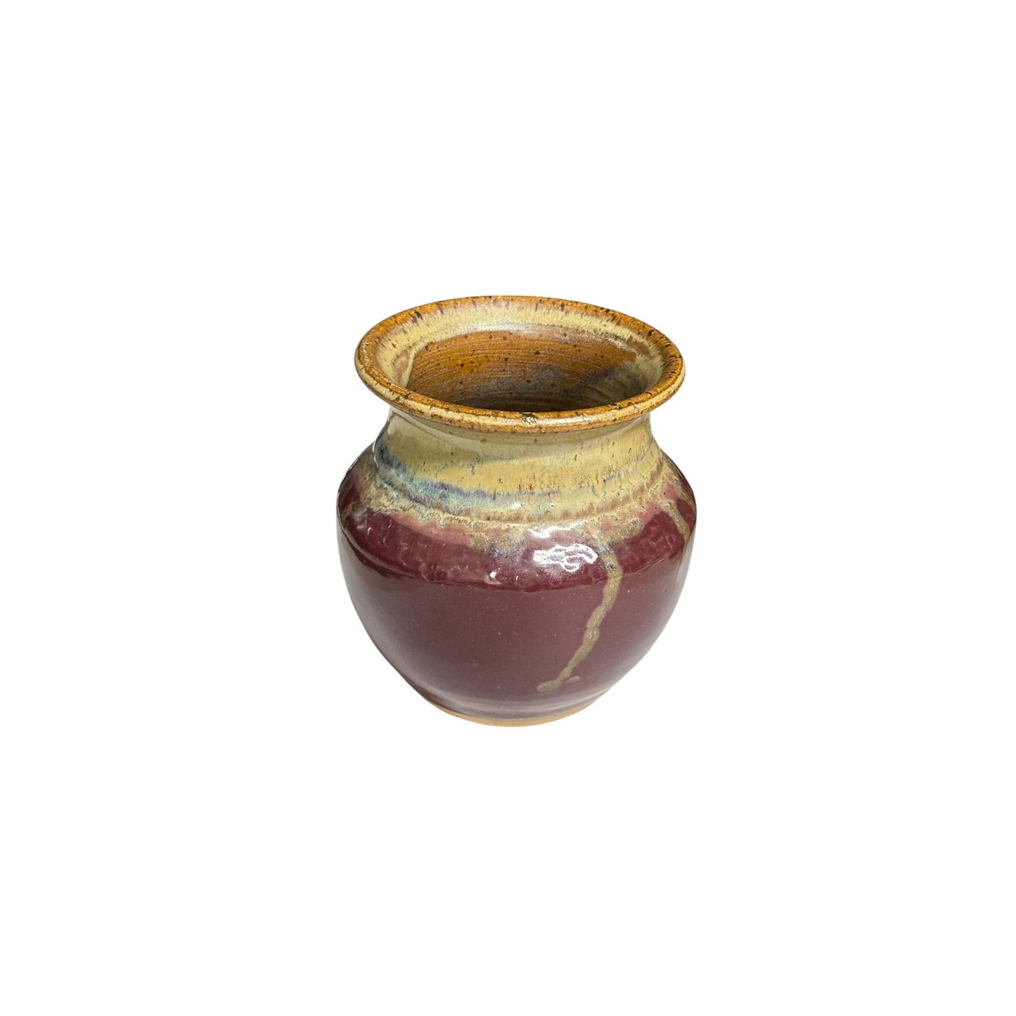 Signed Studio Art Pottery Vase Burgundy & Ochre Drip Glaze Dated 2000