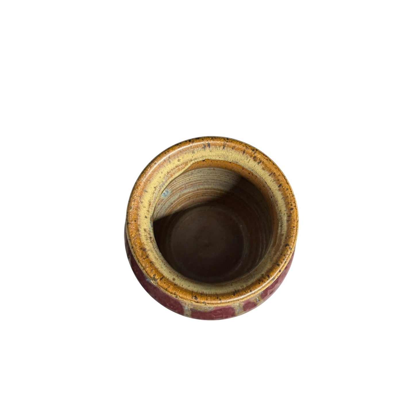 Signed Studio Art Pottery Vase Burgundy & Ochre Drip Glaze Dated 2000