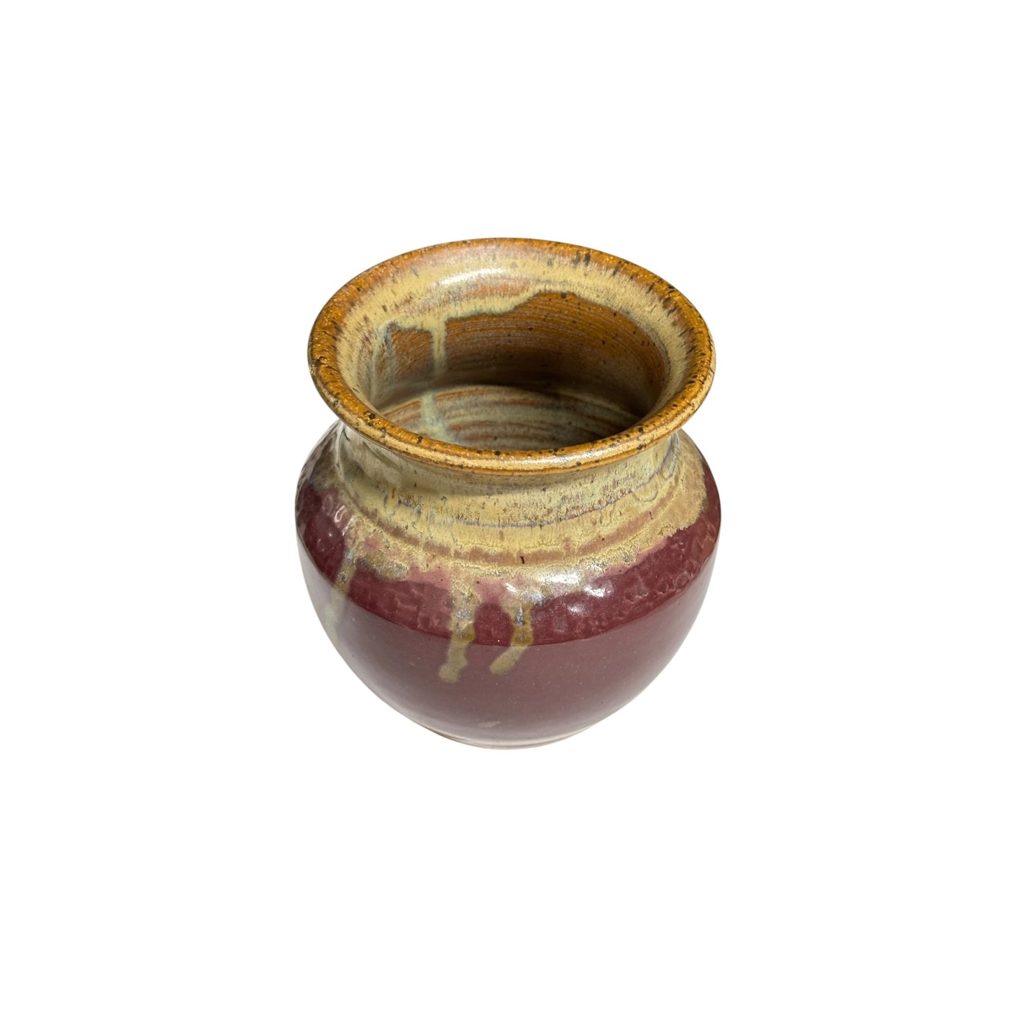 Signed Studio Art Pottery Vase Burgundy & Ochre Drip Glaze Dated 2000